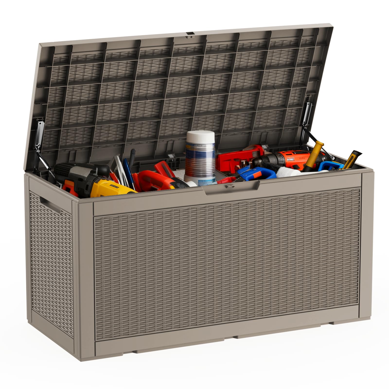 Drato Grey 100 Gallon Deck Box, Waterproof Resin Large Outdoor Storgae Box For Patio Furniture, Patio Cushions, Gardening Tools, Pool And Sports Supplies, Lockable,