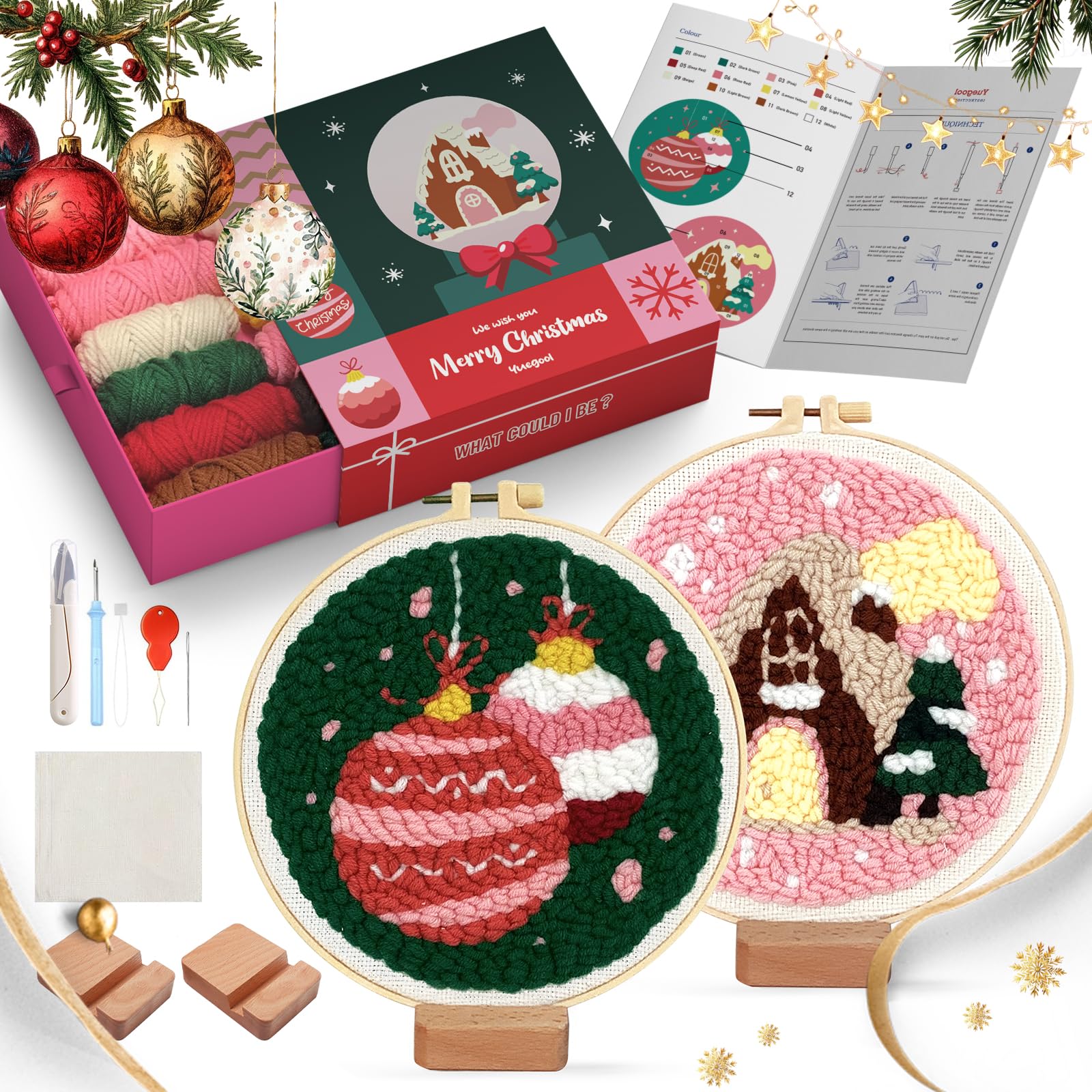 yuegool 2PCS Christmas Punch Needle Decoration Kit,Easy DIY Punch Needle Embroidery Kit for Beginners Adults Including Patterns, Tools, Yarns, Hoop, Instruction, Bracket Art Craft Supplies