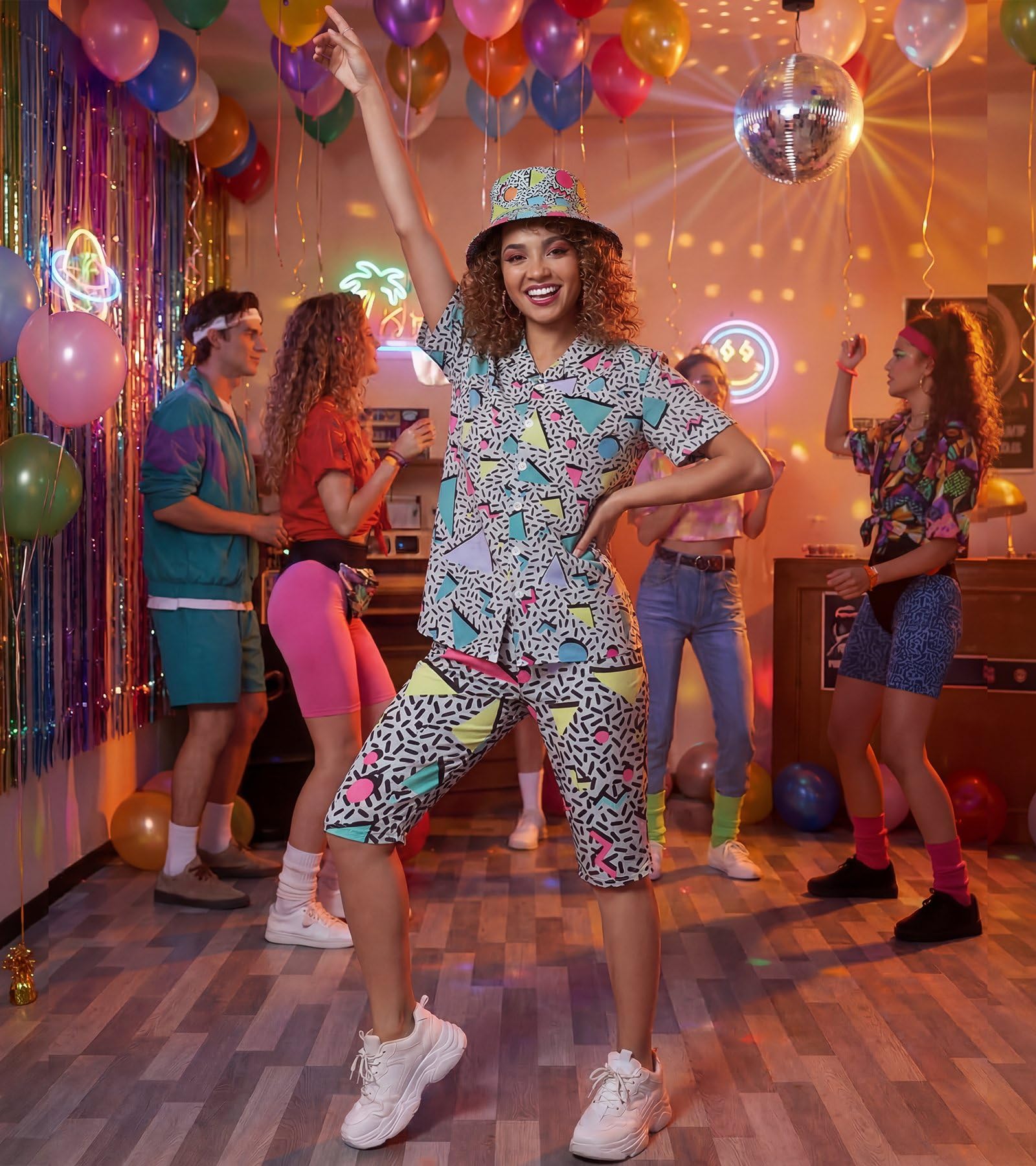 Traje de los años 80 y 90 para mujer, disfraz de hip hop, blusa hawaiana de manga corta, 6 piezas