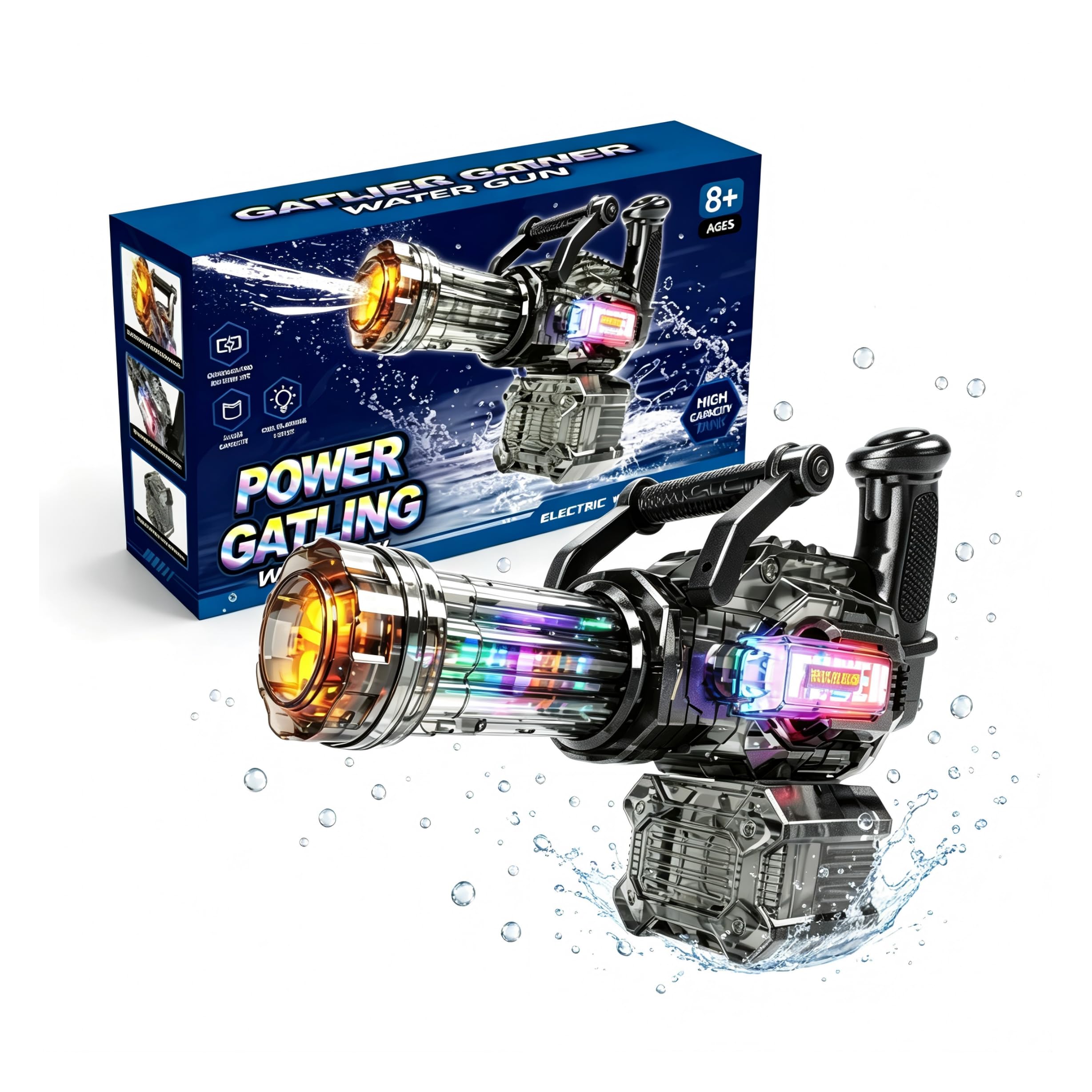 Electric Water Gun Rotating Gatling Barrel, Shooting-Activated Light & Sound, Battery Powered Water Blaster, 33ft Long Range Leak-Proof, Automatic Water Guns for Kids Adults (Black)
