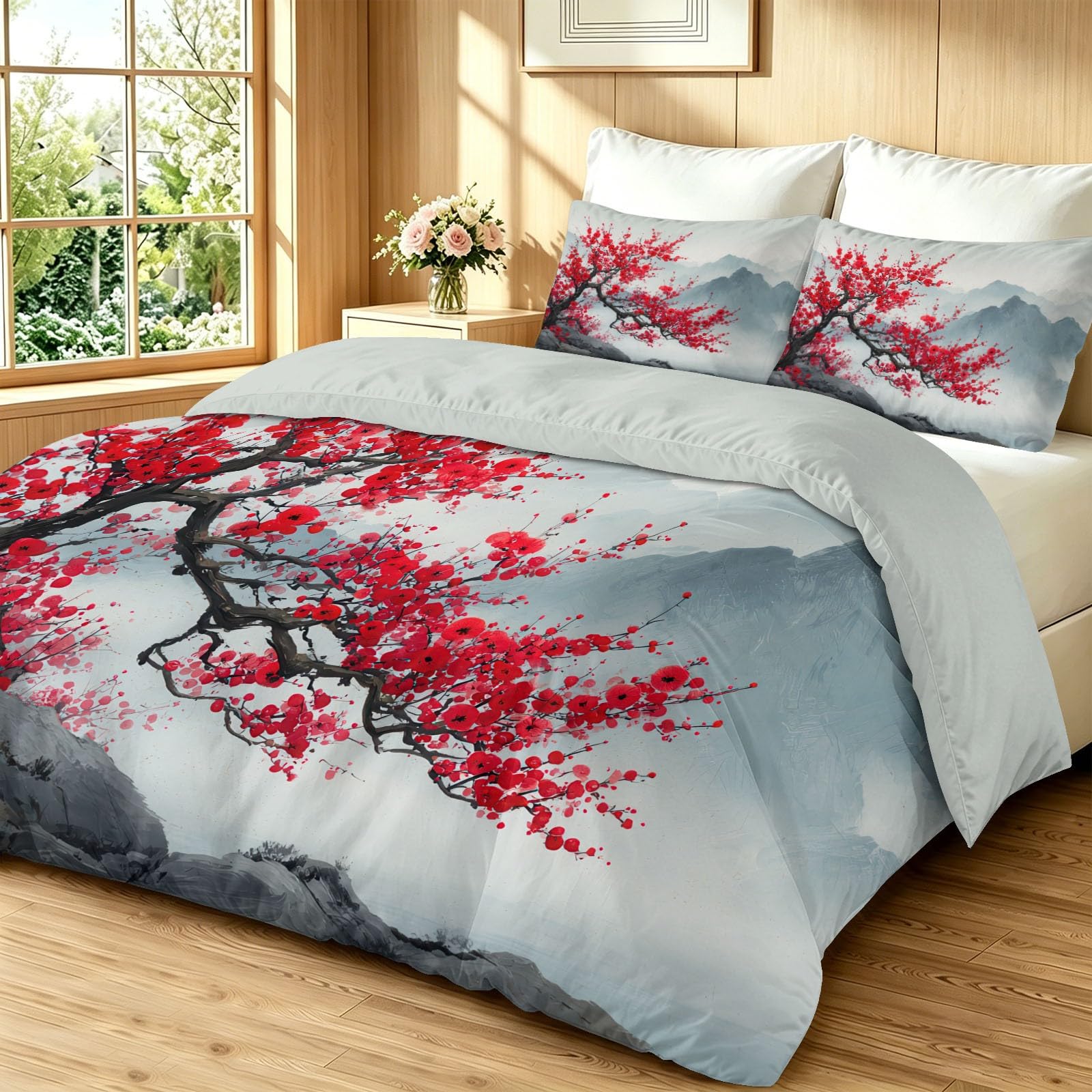 Akwarela orientalna poszwa na kołdrę 200 x 200 cm Zestaw pościeli z mikrofibry kwiaty gałąź mgiełka, zamek błyskawiczny z 2 poszewkami na poduszki 65x65cm dla nastolatka można prać w pralce Biały