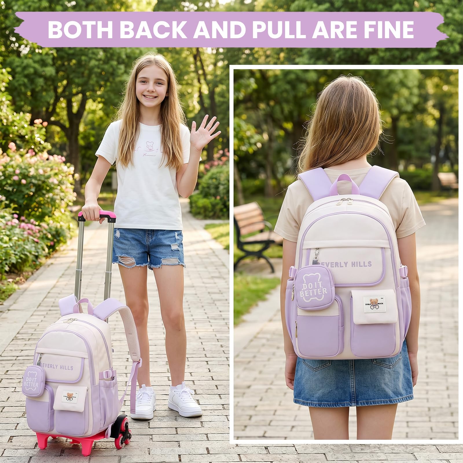 IvyH Zaino scolastico con trolley per ragazze, zaino con ruote per adolescenti, set 2 in 1 con zaino rimovibile e trolley con 6 ruote, per scuola elementare e media, Lilla, Mittelgroße, Classico