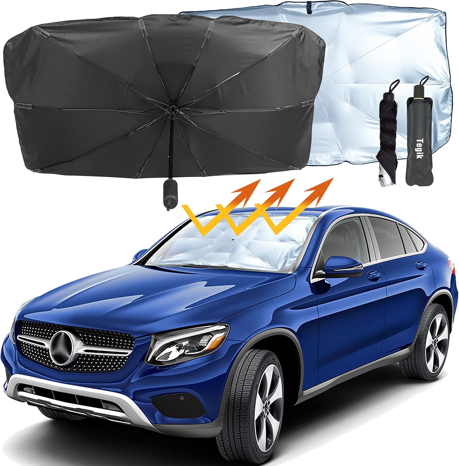 Car Windshield Sun Shade Umbrella, Foldable Car Umbrella Sun Shade Cover, Protect Vehicle from UV Sun and Heat, Brella Shield for Car Windshield (57'' x 31")