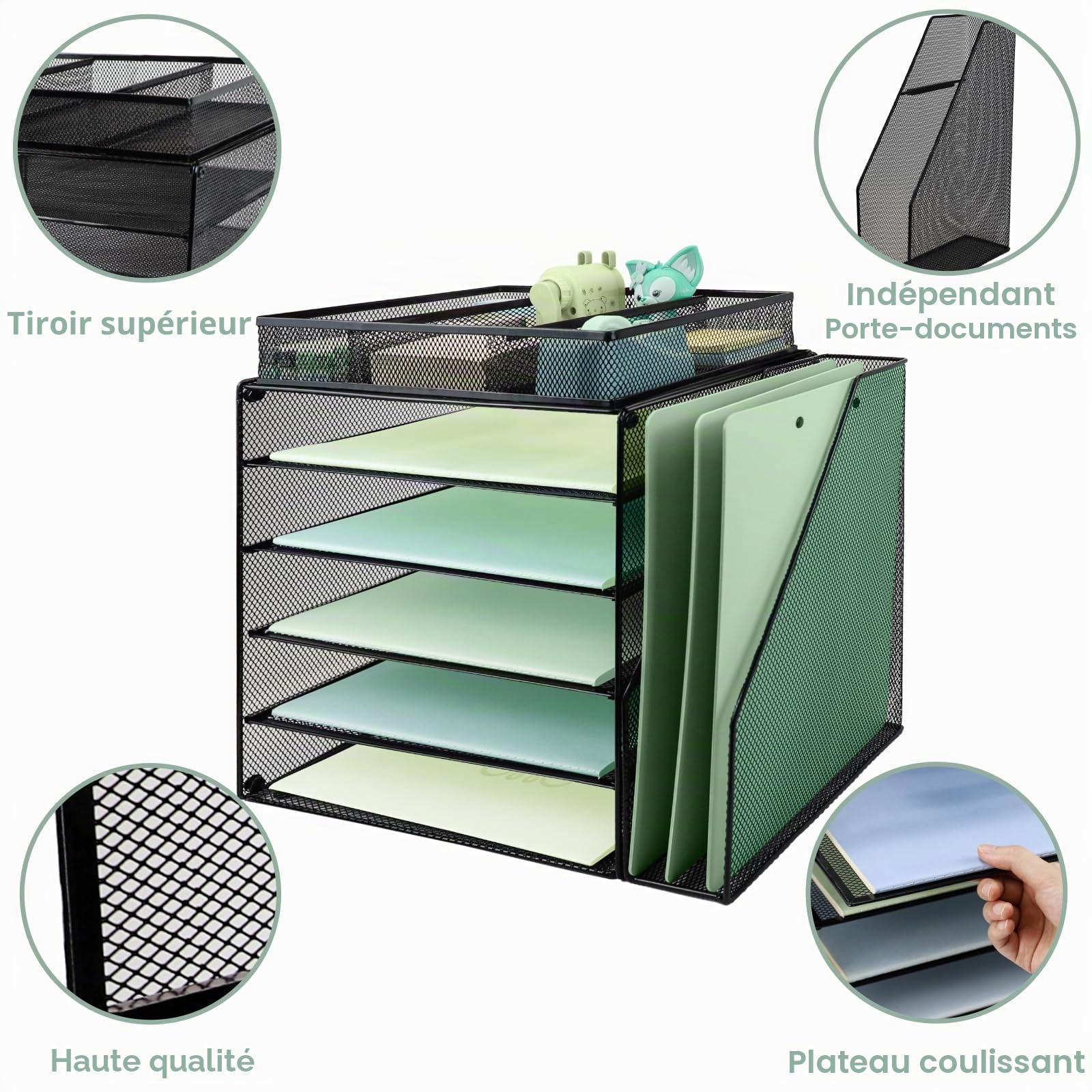 Organiseur de bureau à 5 niveaux avec trieur de fichiers vertical supplémentaire, bac à courrier avec support de tiroir pour papeterie, plateaux de classement de bureau A4, porte-magazines et