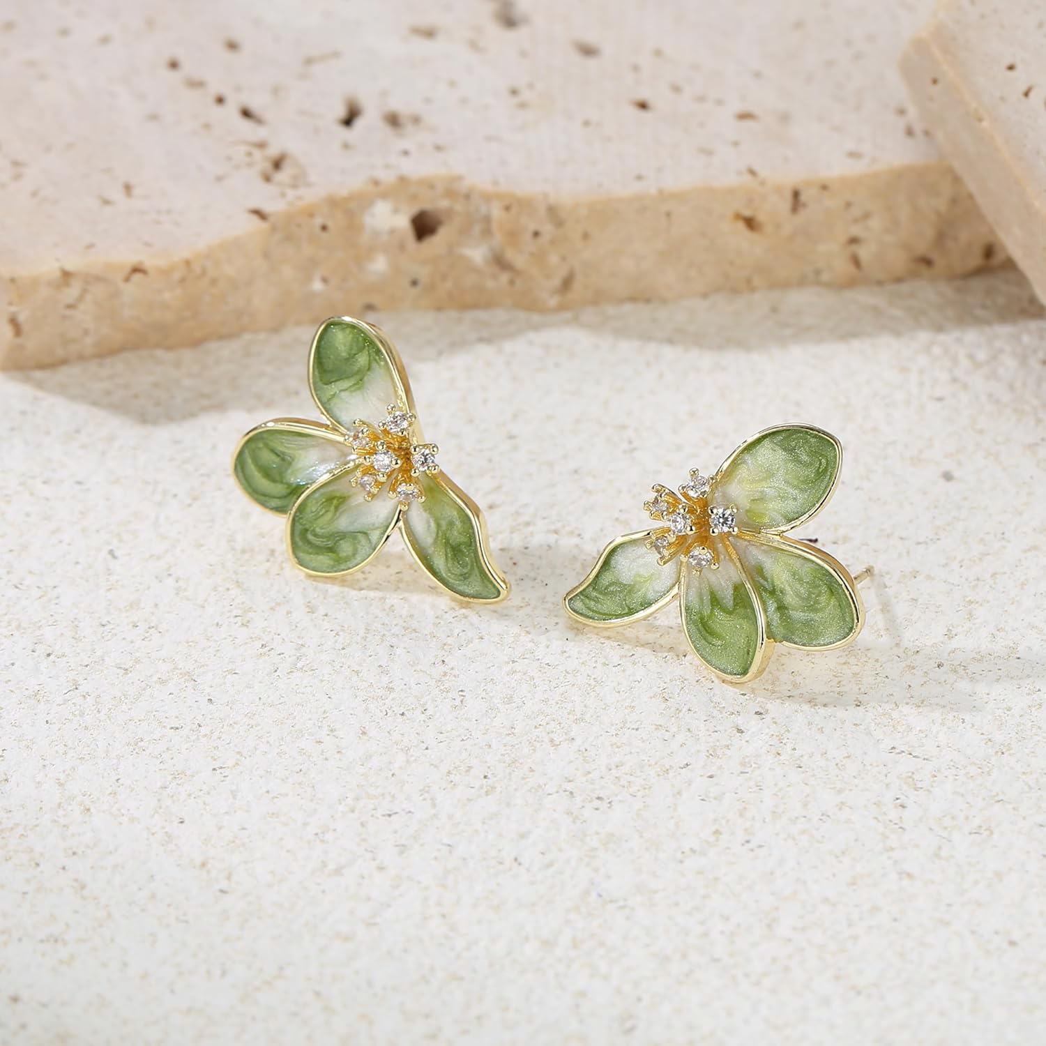 FANZE Irregular Petals Statement Earrings for Women, Pink Green Blue Flower Cute Floral Rhinestone Enamel Earring Stud Trendy Hypoallergenic Lightweight Elegant Jewelry Gift - Image 5