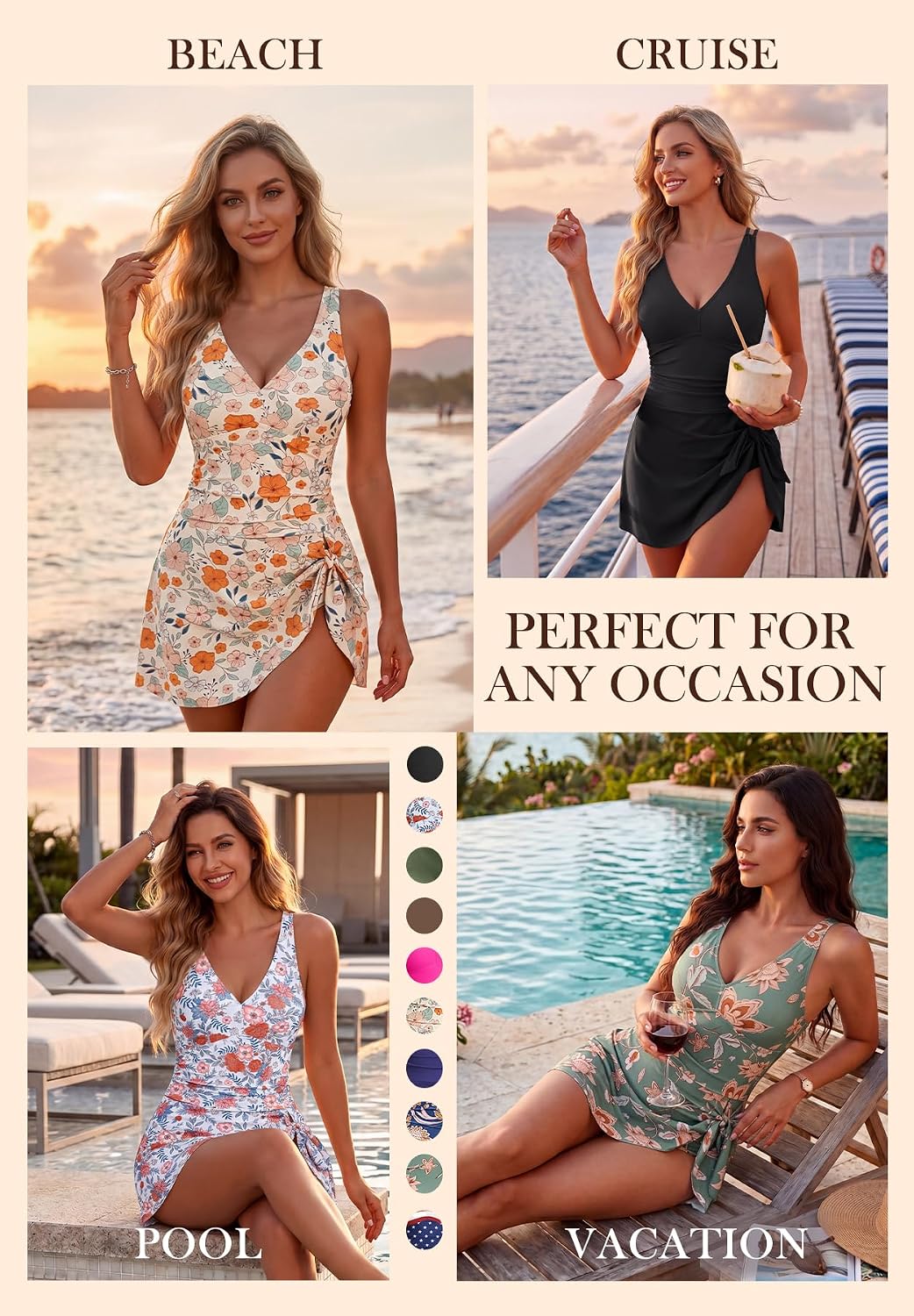 Zando Modest Women’s One Piece Swim Dress 2026, Tummy Control Swimsuit with Skirt, V Neck Swimwear with Built-in Shorts