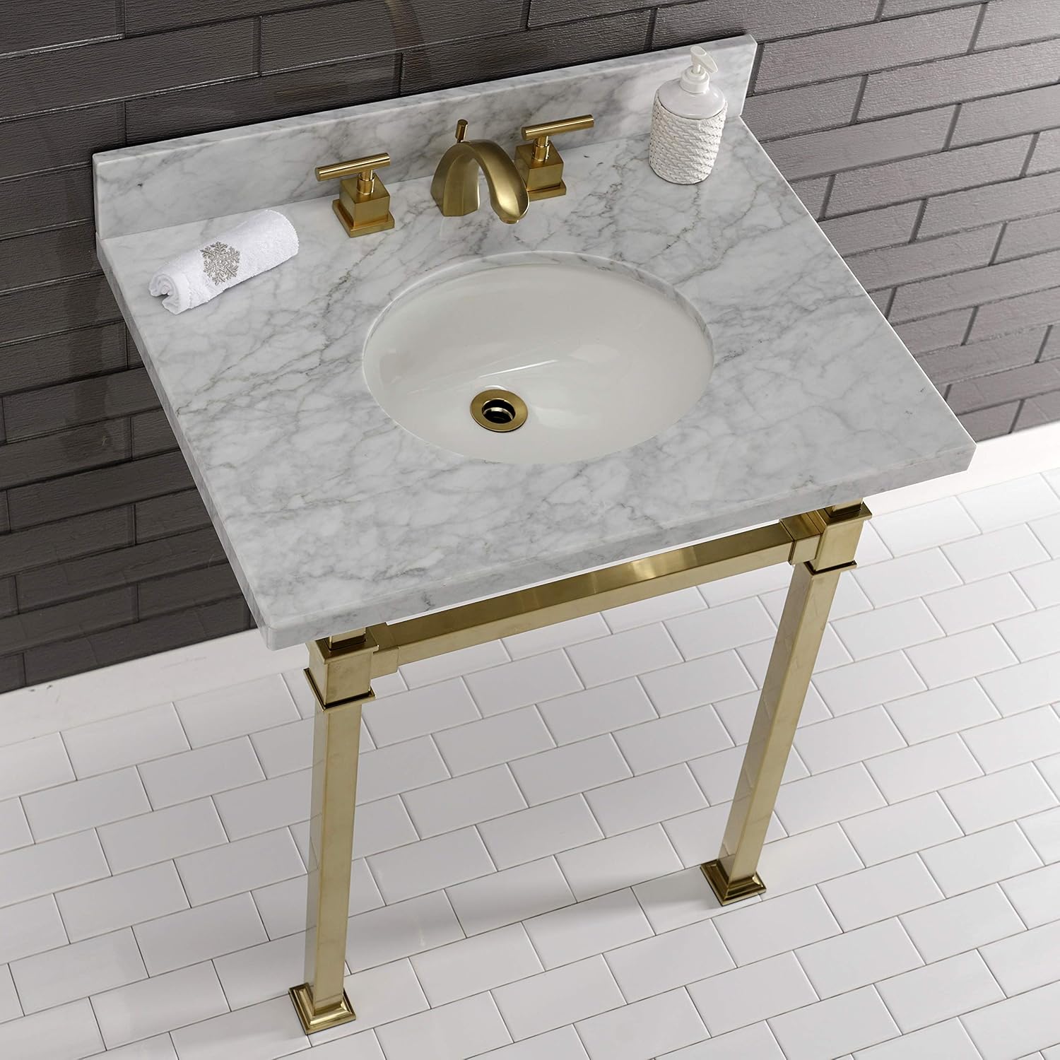 Kingston Brass KVPB30MOQ7 Monarch 30-Inch Carrara Marble Console Sink, Marble White/Brushed Brass