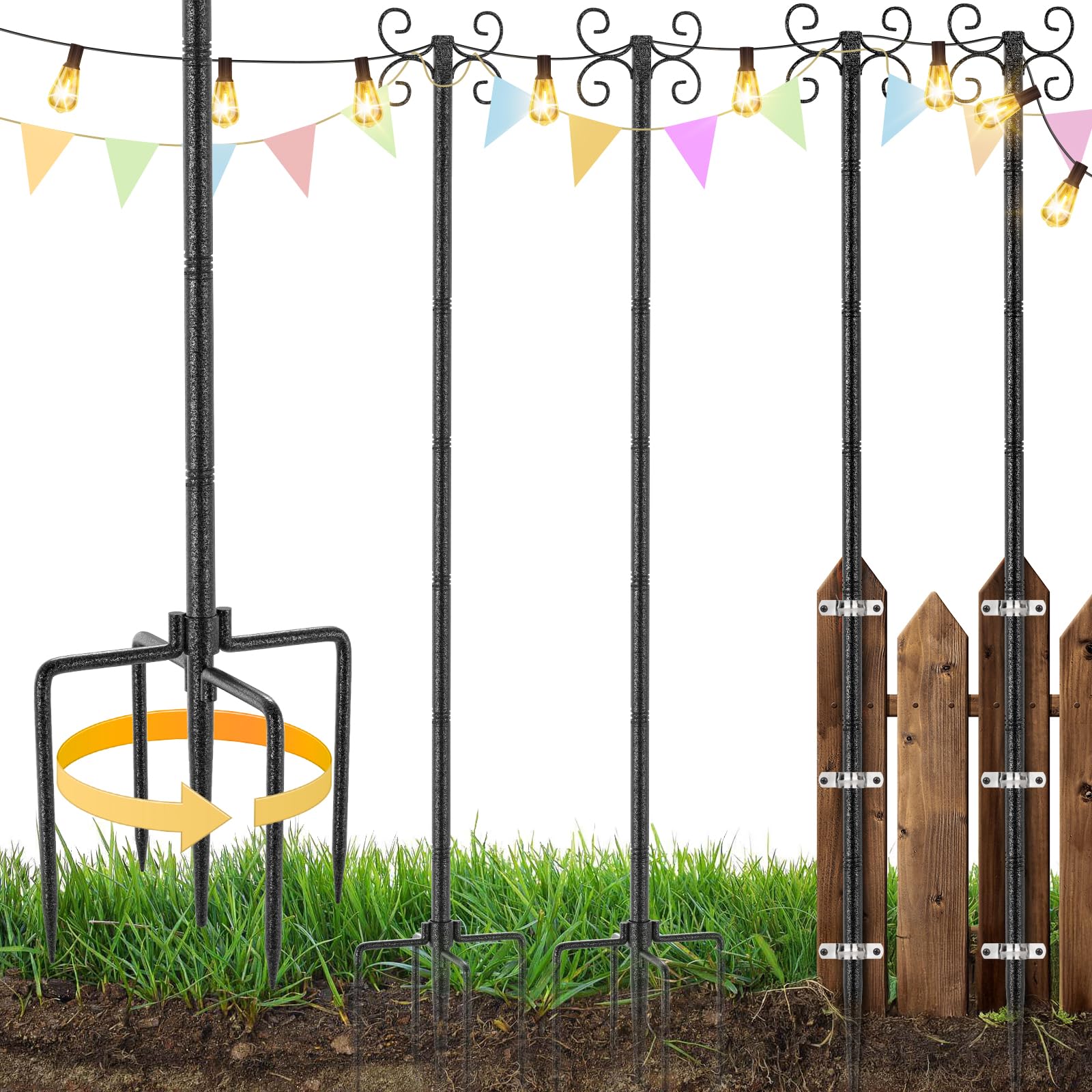 StarryEver Lot de 4 poteaux lumineux d'extérieur en métal avec 4 crochets et antirouille pour patio, jardin, terrasse, jardin, pelouse, pare-soleil et décoration