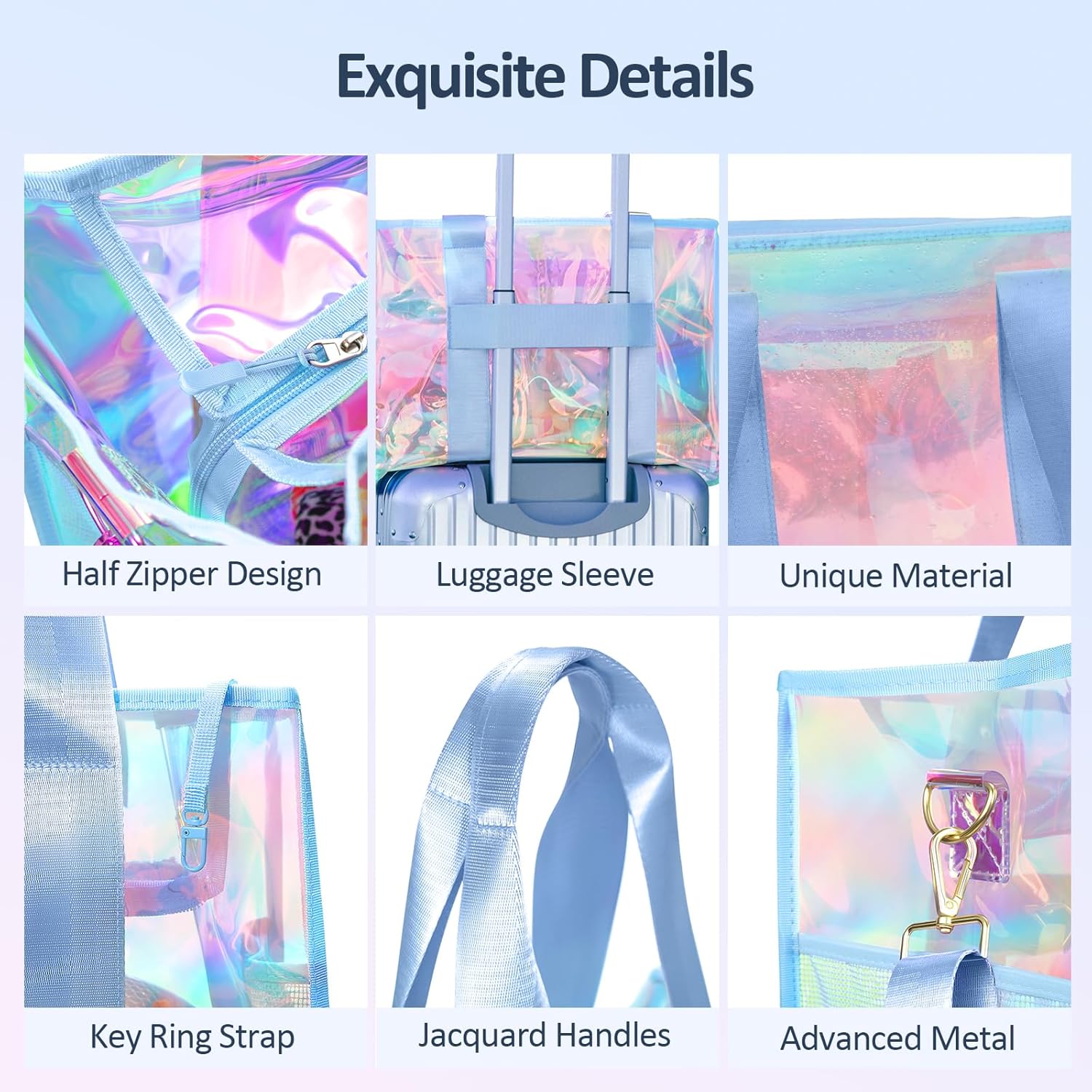 Beach Bag 26L Large Iridescent Waterproof Beach Tote Bag for Women with Zipper & Phone Pouch Sand/Tip-Proof Crossbody - Image 5