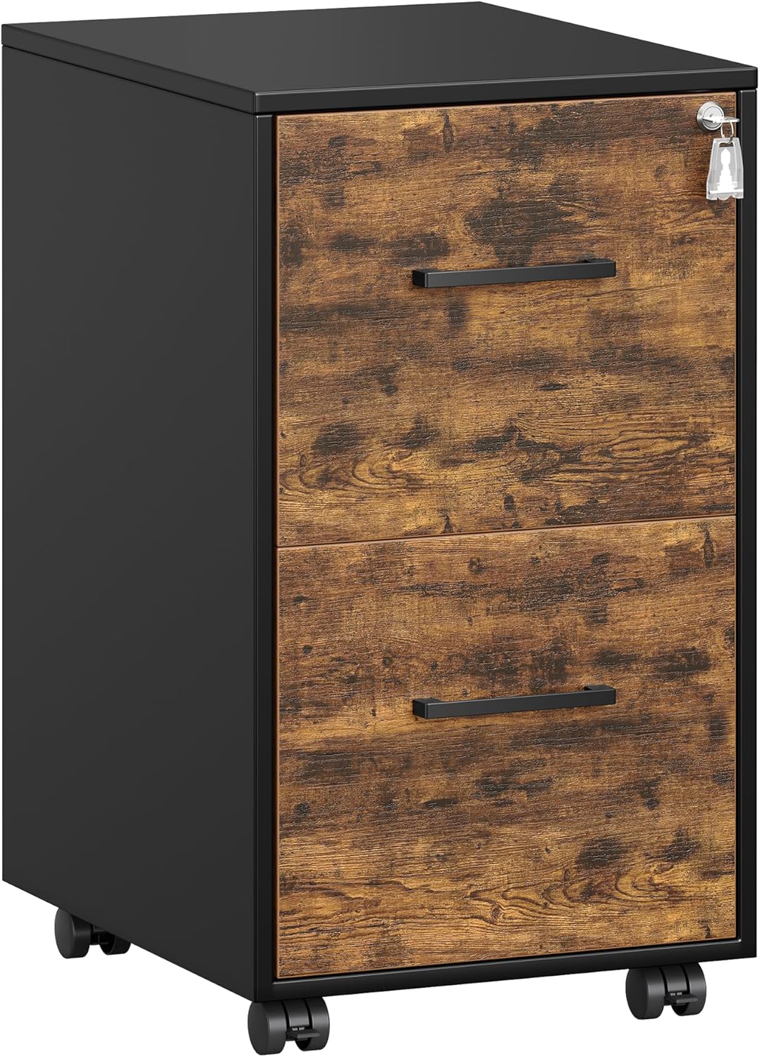 SONGMICS File Cabinet, Pre-Assembled Except Wheels and Handles, Office Filing Cabinet with Lock, for A4, Legal, Letter Sized Documents, 17.7 x 14.4 x 25.4 Inches, Rustic Brown and Black UOFC112B02