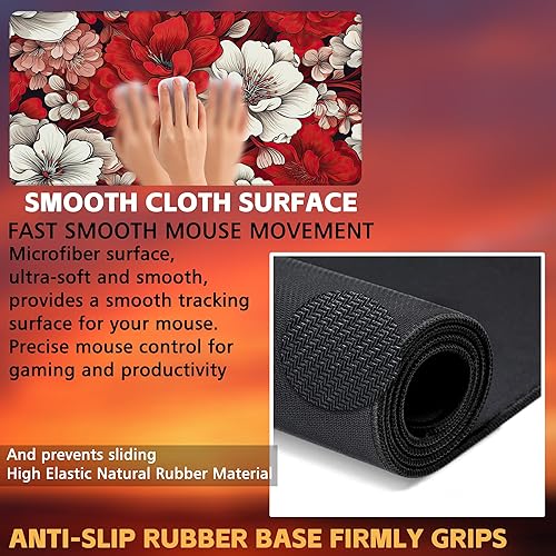 Miniatura 3 de Alfombrilla de escritorio, diseño de flores rojas y blancas, alfombrilla de mouse grande para juegos retro con flores rojas y blancas, 31.5 x 15.7