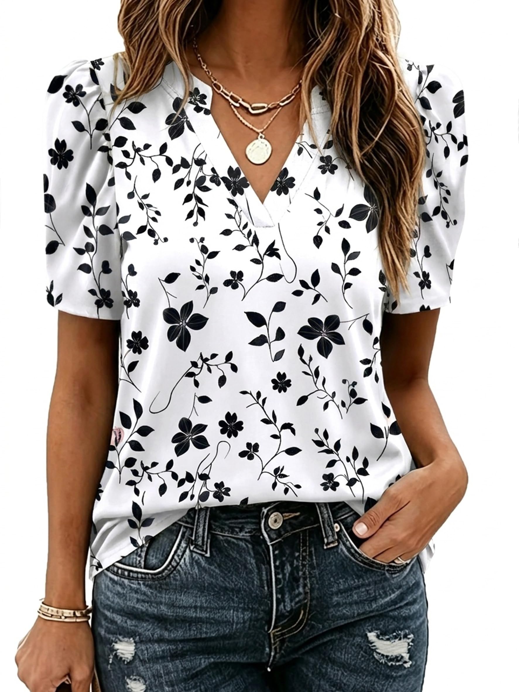 Zeagoo Women Blouses Puff Short Sleeve Tops V Neck Dressy Casual Spring Shirts Boho Floral Cute Clothes 2026