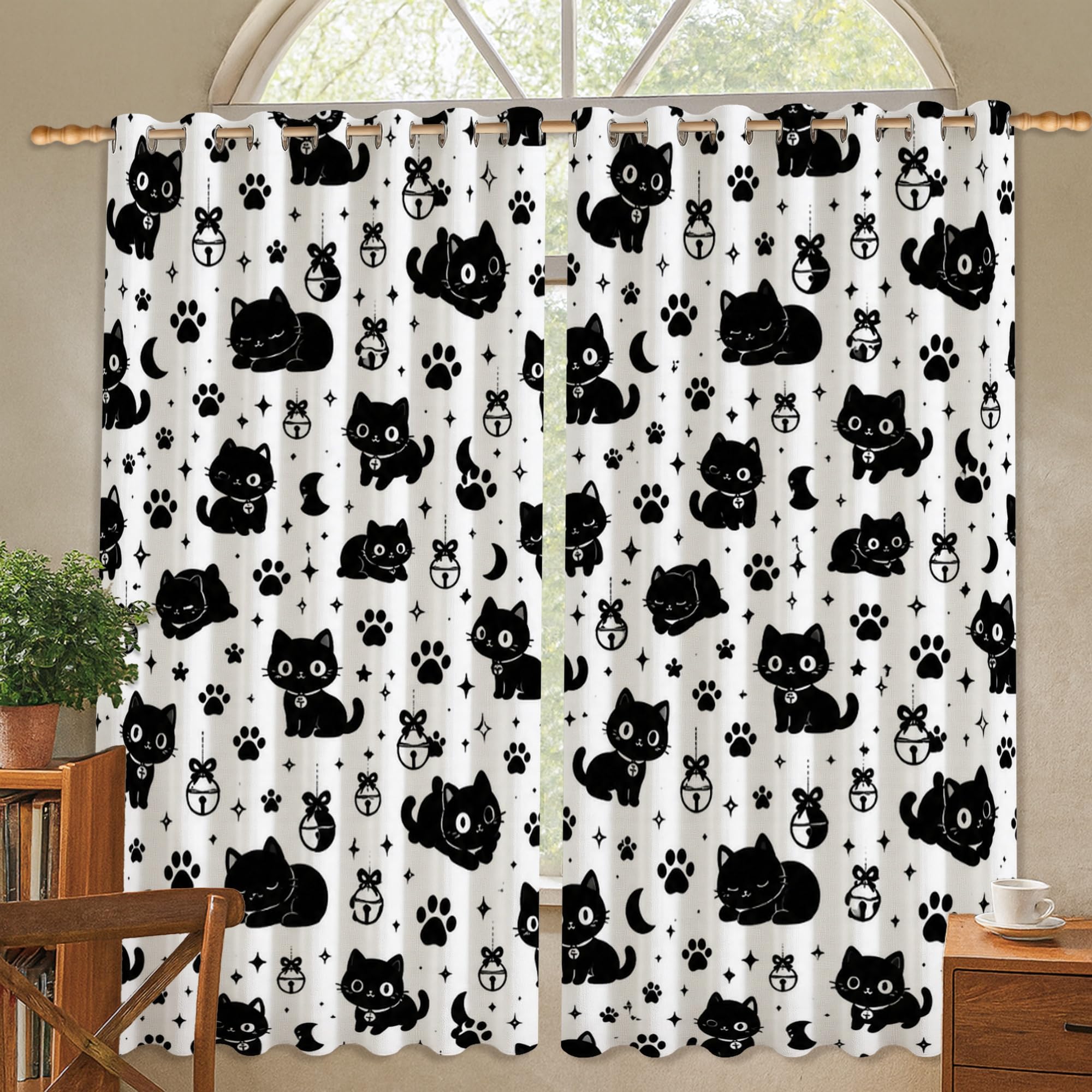 Rideaux occultants motif chat noir Halloween isolant et infroissable 132x137