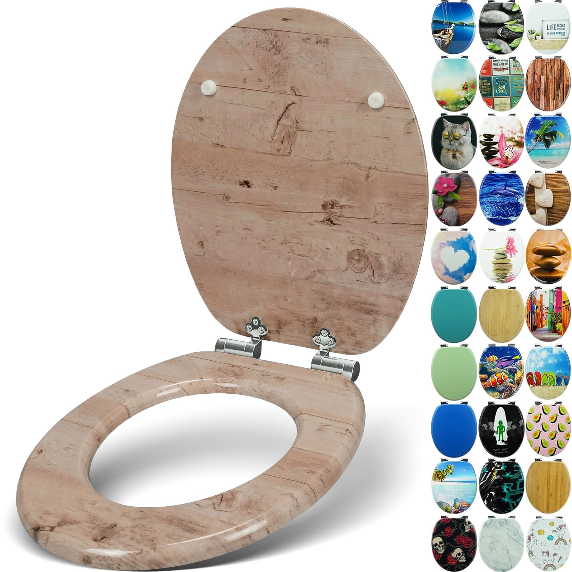 SANFINO® Premium WC Sitz mit Absenkautomatik – hochwertige Toilettendeckel aus Holz, viele bunte Motive, hoher Sitzkomfort, einfache Montage inklusive Montageanleitung – "Light Wood"