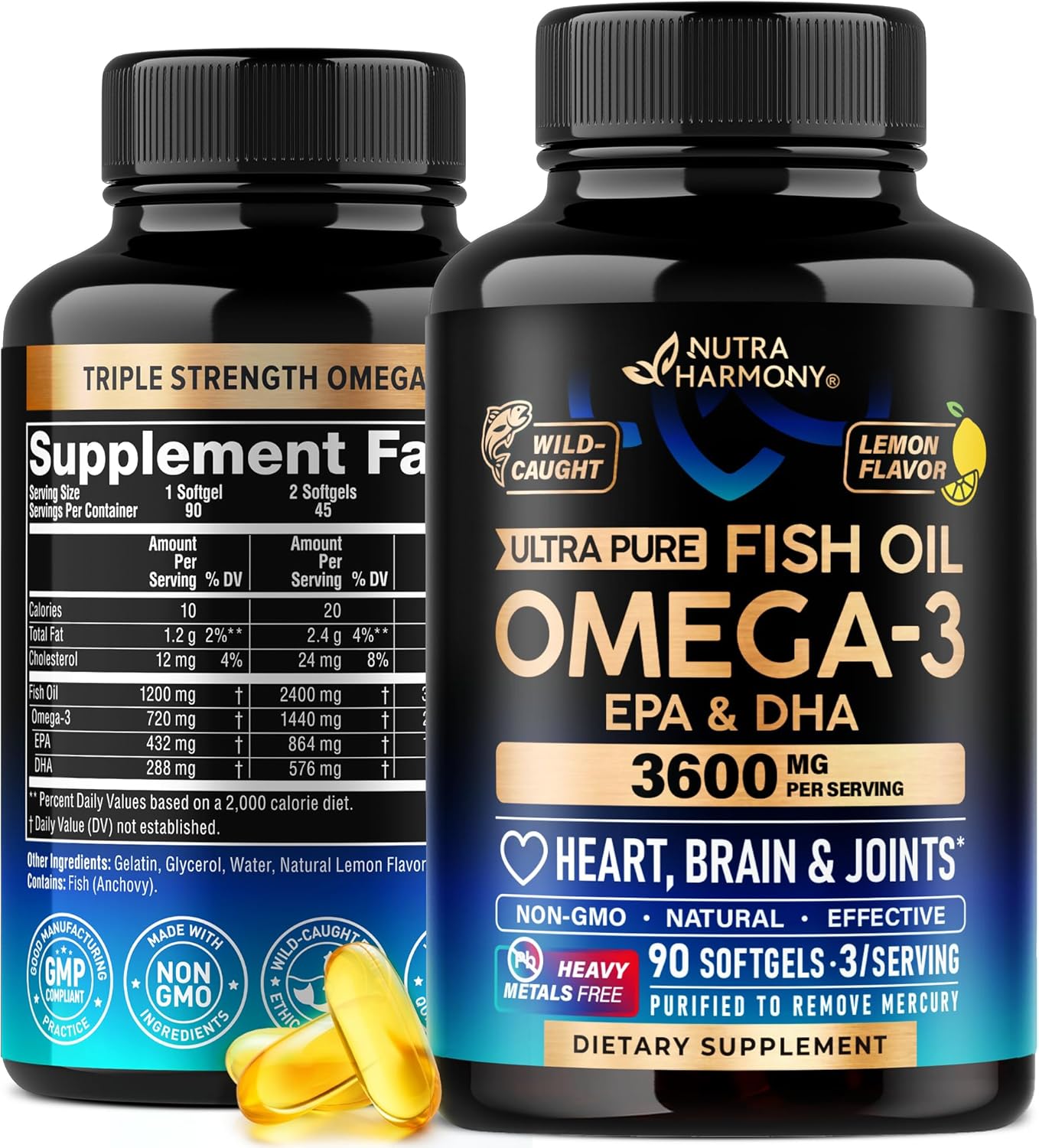 Omega 3 Fish Oil 3600 mg – Omega 3 Supplement | EPA & DHA – Heavy Metals Free – Heart, Brain & Joint Support – Purified Fish Oil for Men & Women – Burpless, Lemon Flavored – Made in USA, 90 Softgels