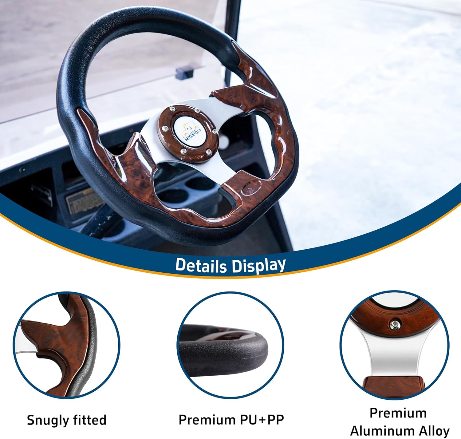 12.5" Universal Golf Cart Steering Wheel fits Club Car DS/Precedent/Onward/Tempo, Yamaha, and EZGO TXT/RXV Golf Cart, Anti-slip and good grip (D-Shape, Brown)