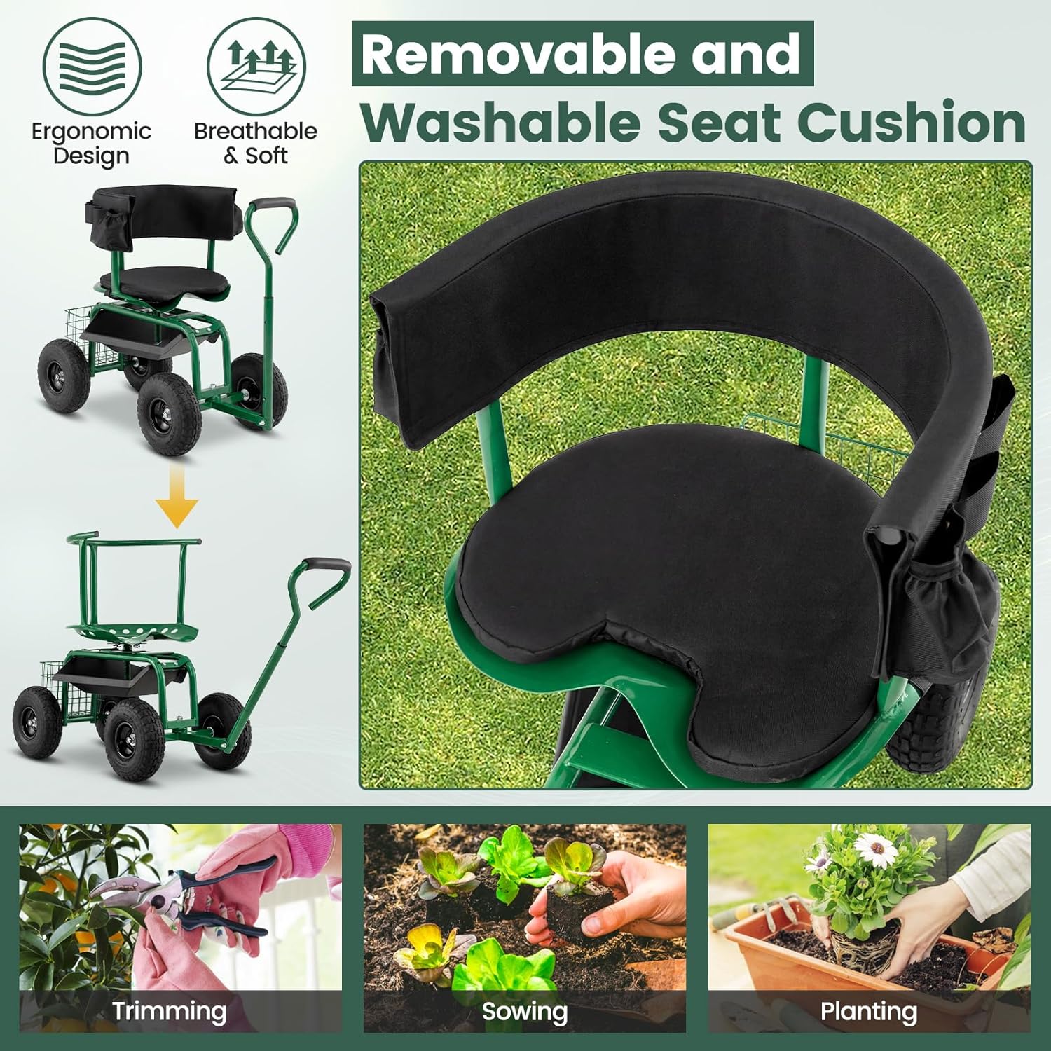 Images showing the storage basket, under-seat tray, and back tool pouch of the garden seat, filled with gardening tools.