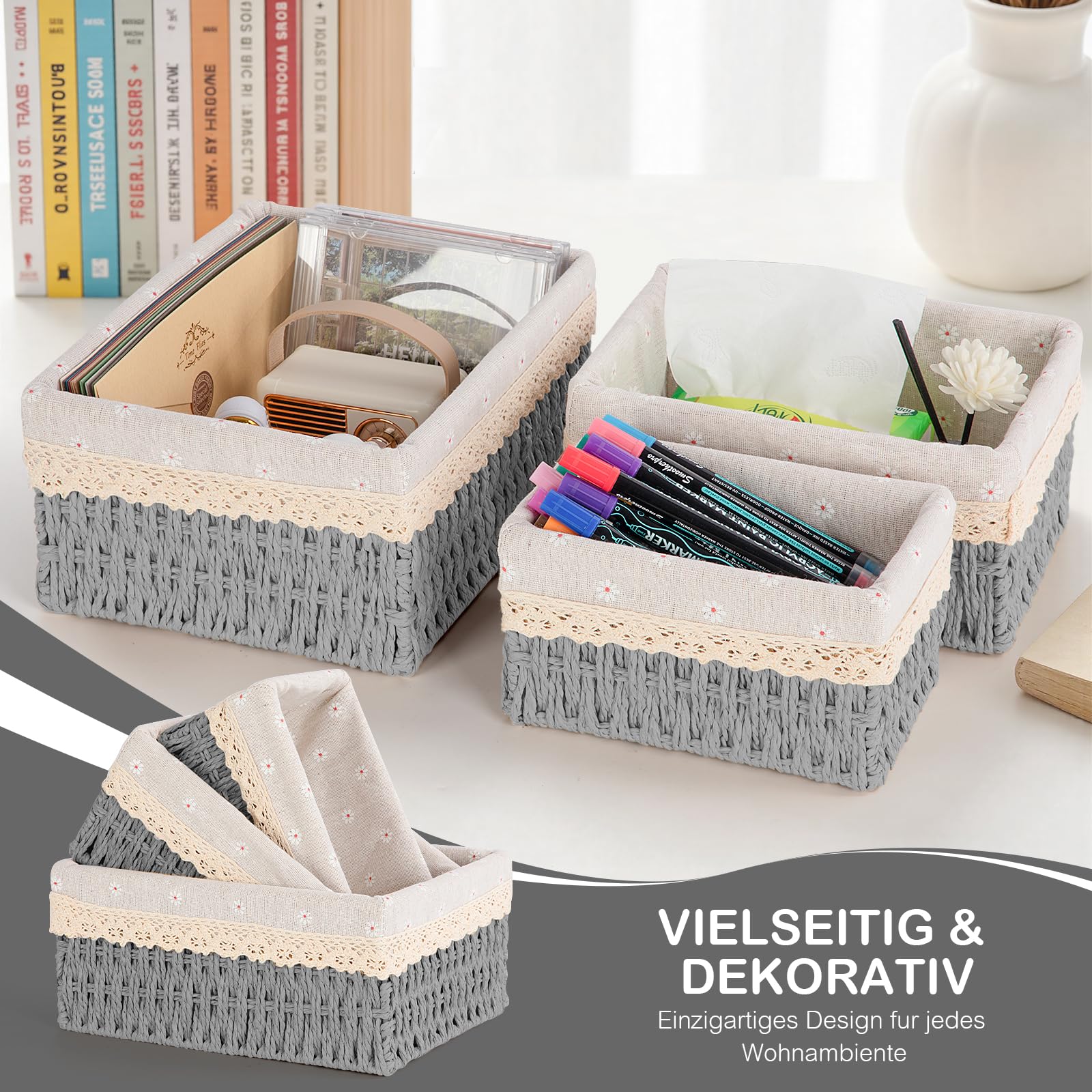 FoiiLiio Set di 3 Cestino Portaoggetti e Porta Giocattoli, Cesto in Corda di Carta, Cestini Portaoggetti Bagno Bambini, per Camerette, Bagno, Cassetti, Cucine, Soggiorno (Grigio)