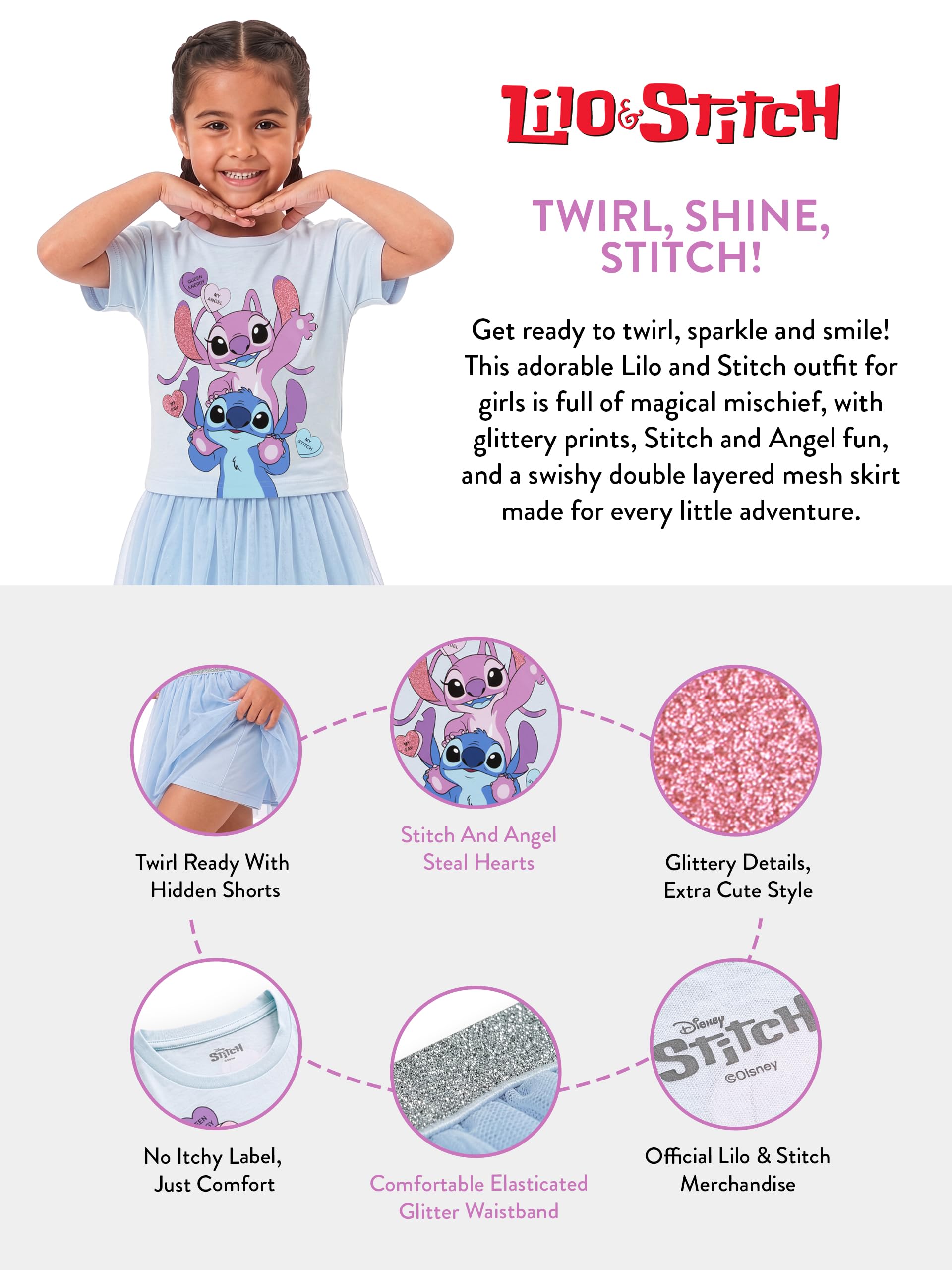 Disney Lilo & Stitch Ensemble Fille T-Shirt et Jupe, Tee Shirt Stitch avec Angel, Vetement Fille Été