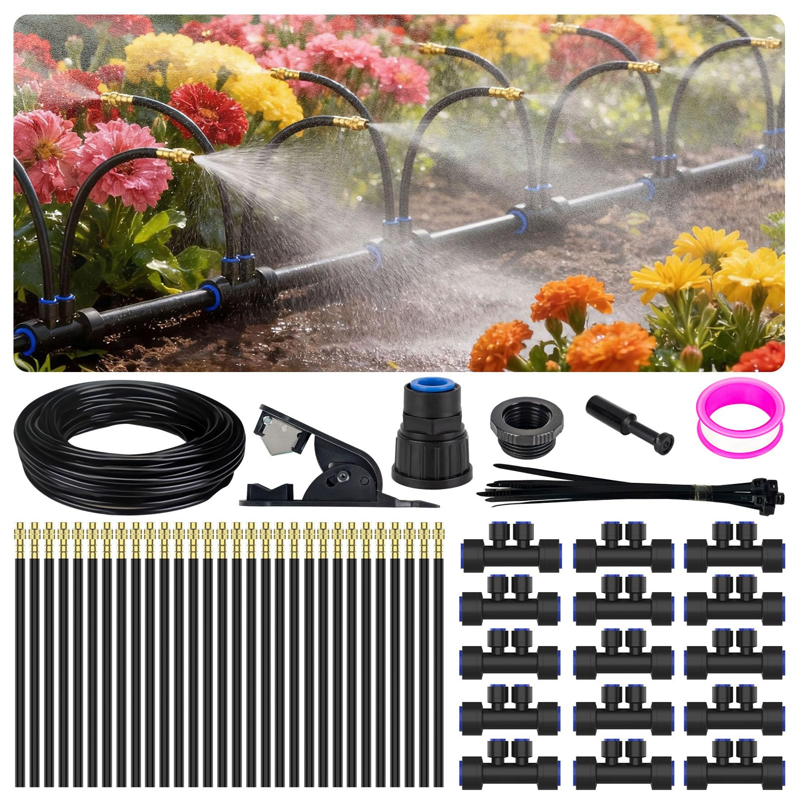Drip Irrigation System 2 Ports - 360° Adjustable Garden Watering System 15m with 30 Nozzles, Drip Irrigation Kit for Garden, Yard, Lawn, Greenhouse, Plants, 12mm Hose