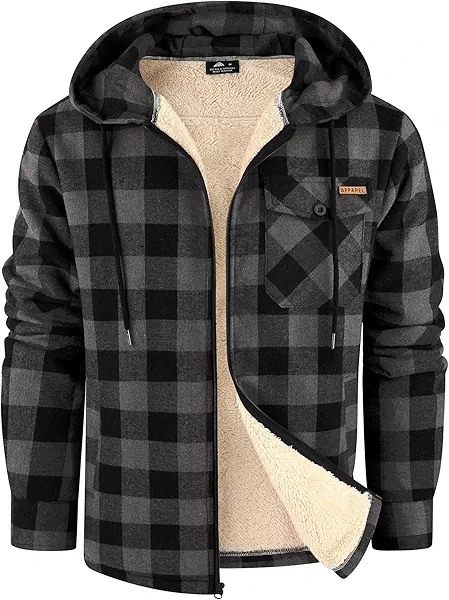 ZITY Men's Flannel Jacket Zip Up Fleece Hoodies Casual Plaid Coat with Pokect Winter Warm Sherpa Lined Sweatshirt