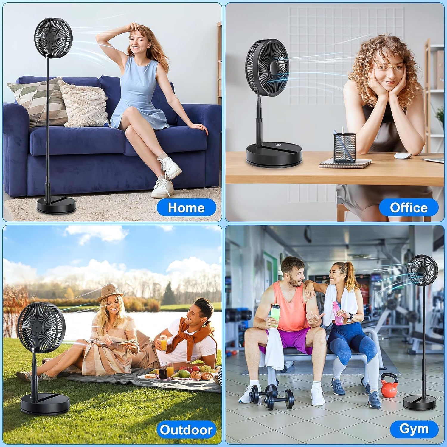 Oscillante Ventilatore a Piantana Silenzioso con Telecomando, 9'' Portatile Pieghevole Tavolo/In piedi Ventilatore con 4 Velocità/Timer, 7200mAh USB Ricaricabile Fan per Camera da Letto Viaggio