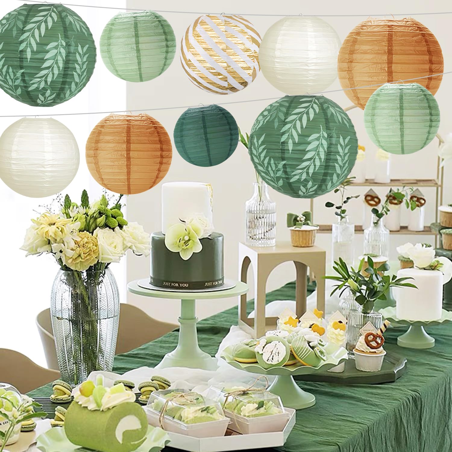 12 Lanterne Di Carta Rotonde Per Feste - Set Decorazioni Appendibili In Verde Salvia, Avorio E Oro | Per Matrimoni, Baby Shower, Compleanni - Foto 4
