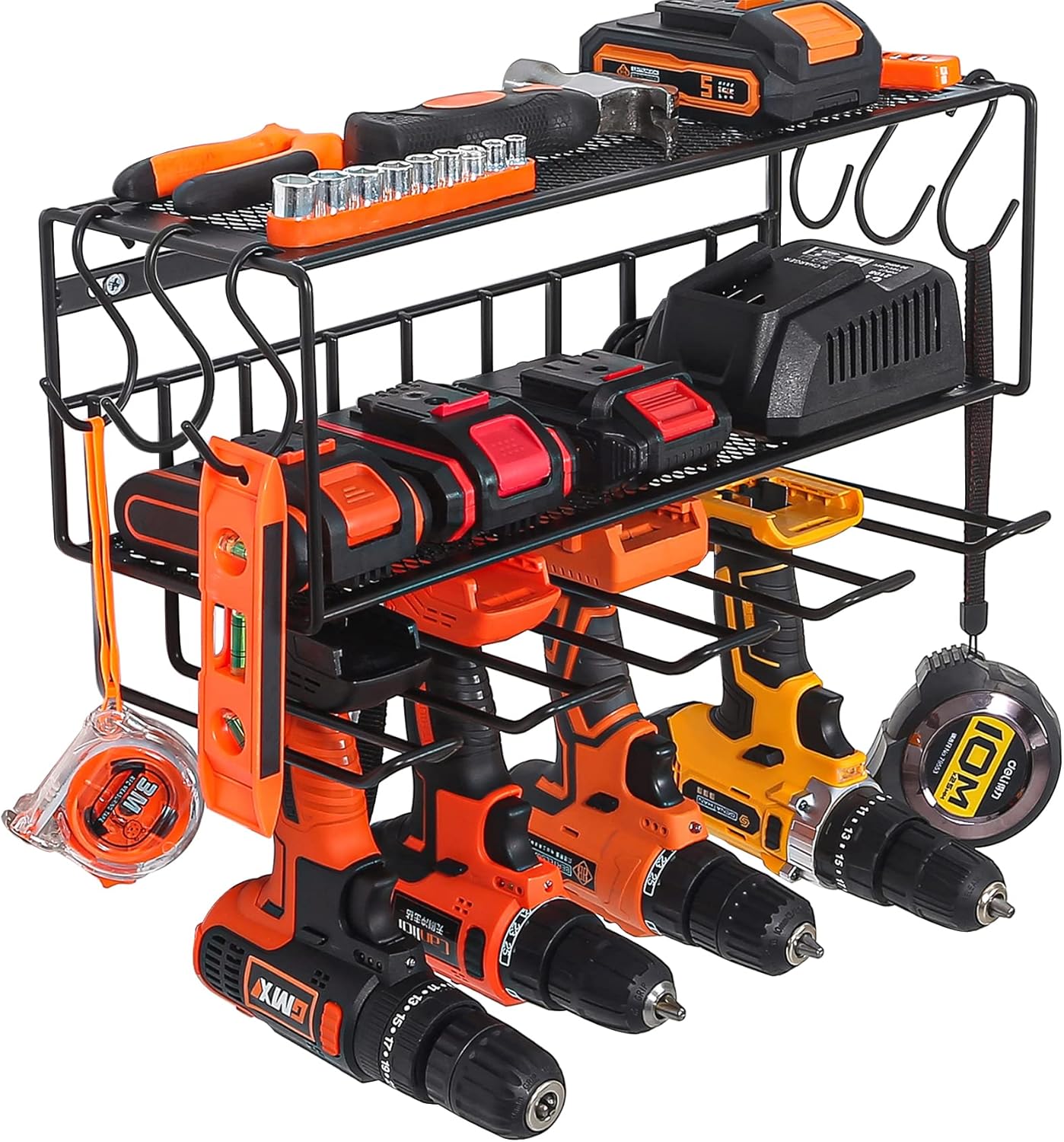 Power Tool Organizer Garage Tool Organizers and Storage Wall Mount Drill Holder Heavy Duty Metal Shelf with 6 Hooks Utility Organization Rack for Handheld Tools Perfect for Father's Day : Tools & Home Improvement