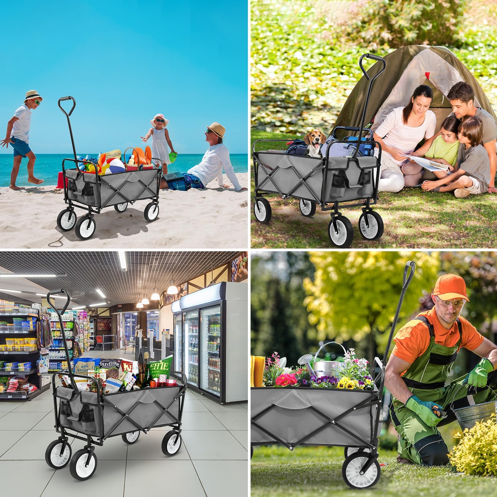Carrello Pieghevole, 98L Carico Massimo 80 kg Carrello a Mano da Giardino, Carrello da Spiaggia, per Il Trasporto, con Tasca Laterale, per Attività All'aperto, Spiaggia, Campeggio, Grigio