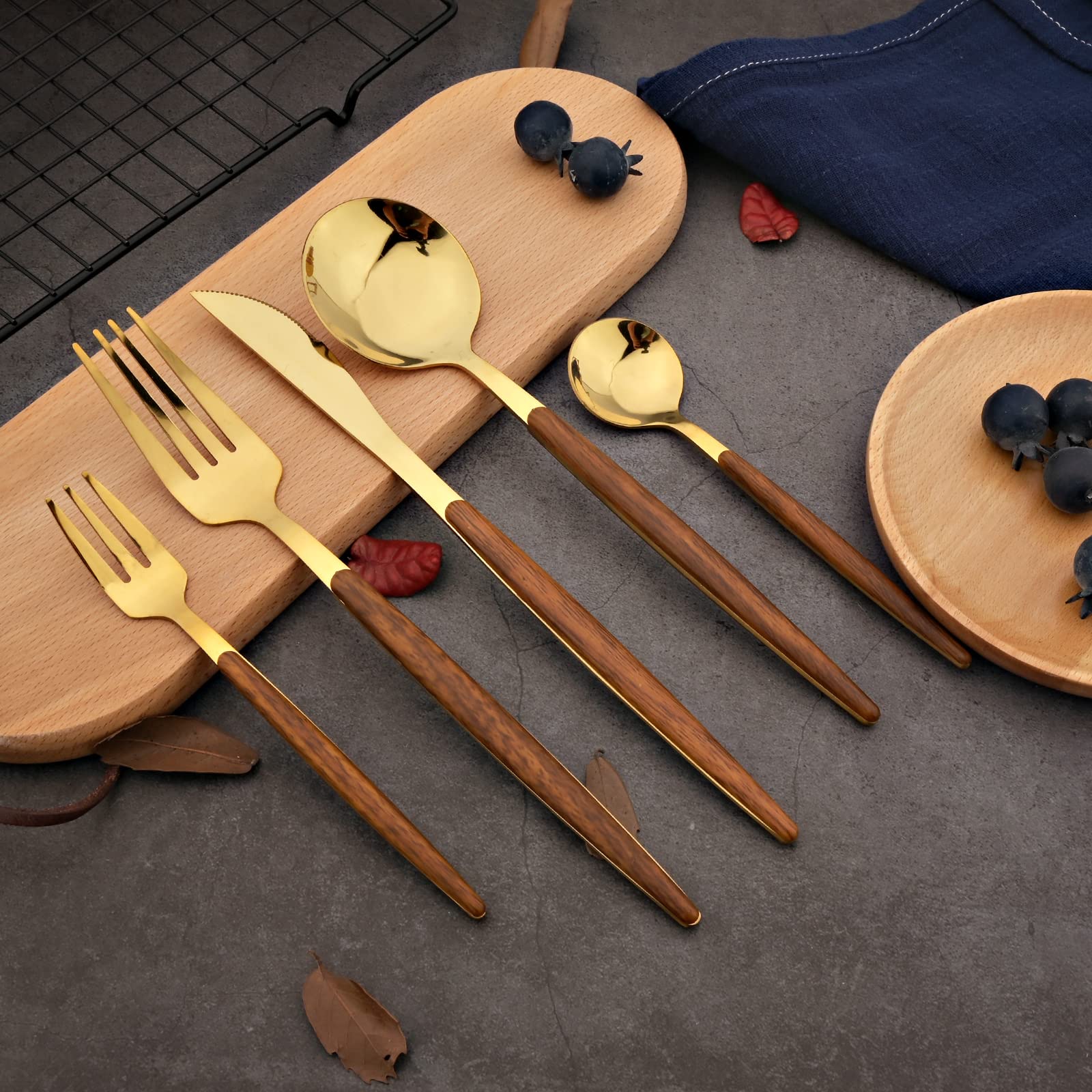 BRIIEC 20-piece Wood Silverware Set for 4, Include Knife Fork Spoon, Stainless Steel Flatware Set with Wooden Handle, Mirror, Dishwasher Safe, for Home Kitchen Travel - Round Handle Gold