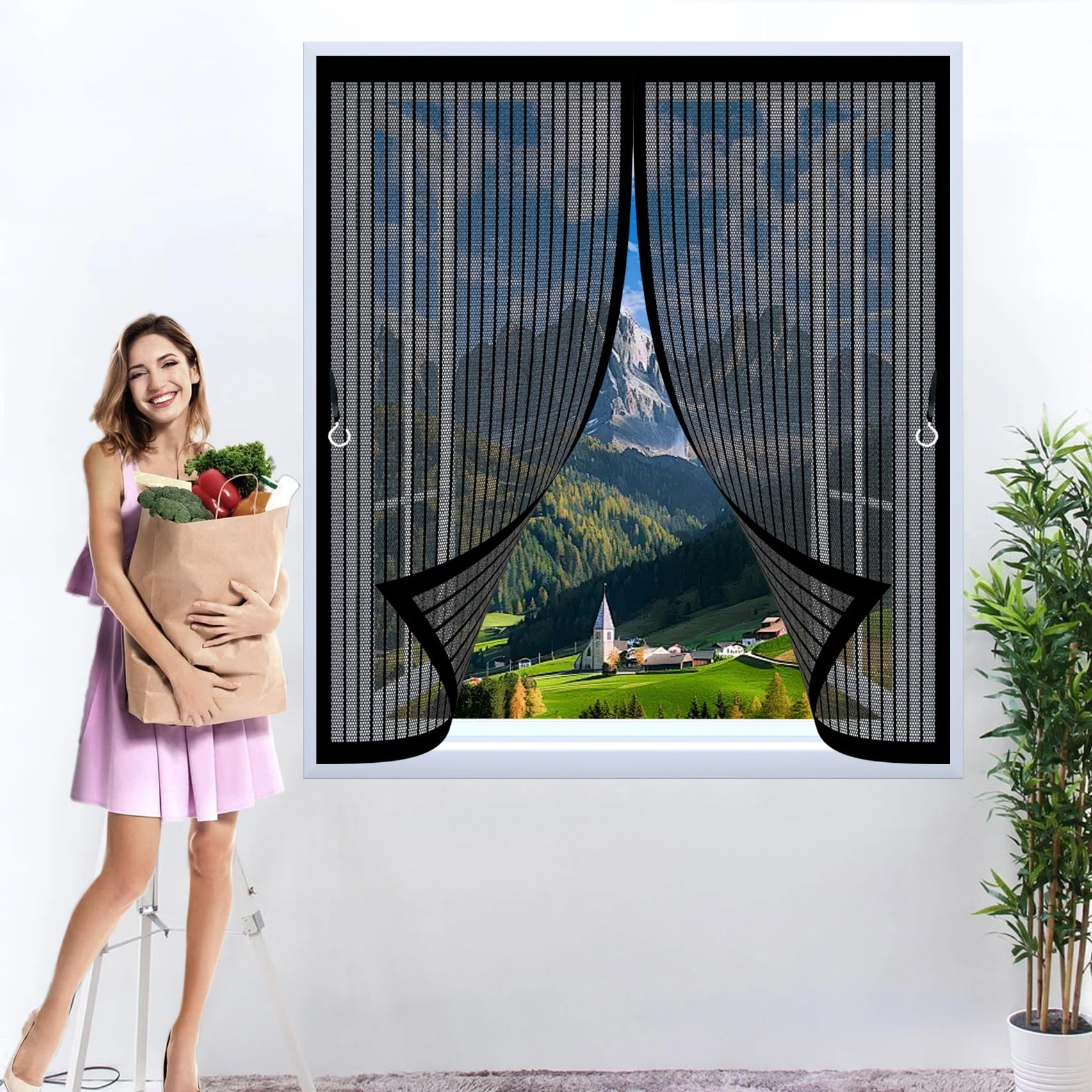 Magnet Fliegengitter 172 x 172 cm Ohne Bohren mit Starken Magneten Selbstschließend, Kratzfest, Stärkere Magneten Magnetvorhang Insektenschutz für Alle Türen Und Fenster, Schwarz