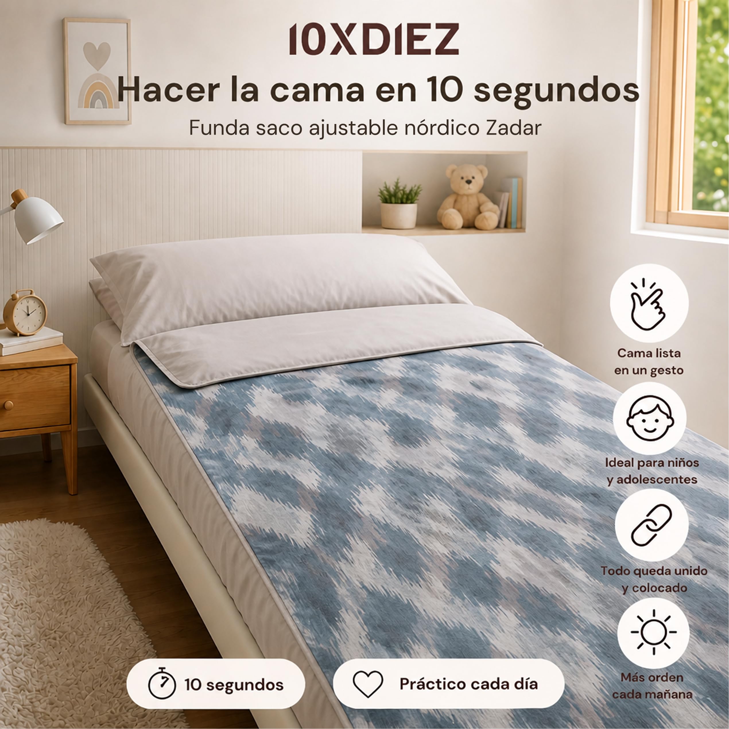 10XDIEZ Saco Nórdico Ajustable con Relleno y Cremalleras Laterales, en Algodón y Poliéster, para Camas de 80 a 105 cm - Azul, Cama de 90cm