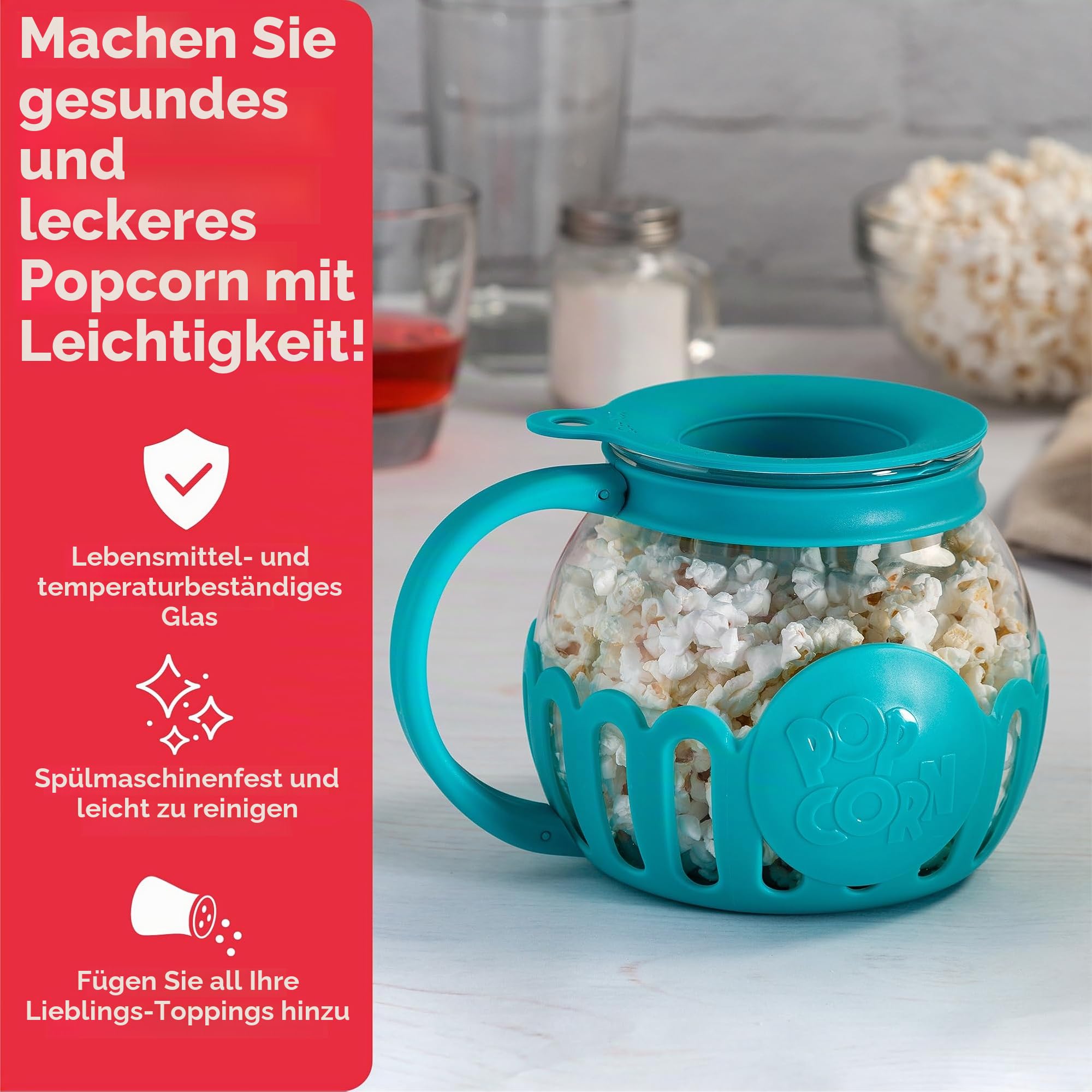 Ecolution Patentierter Mikrowellen-Popcorn-Popper, Borosilikatglas Kunststoff, blaugrün
