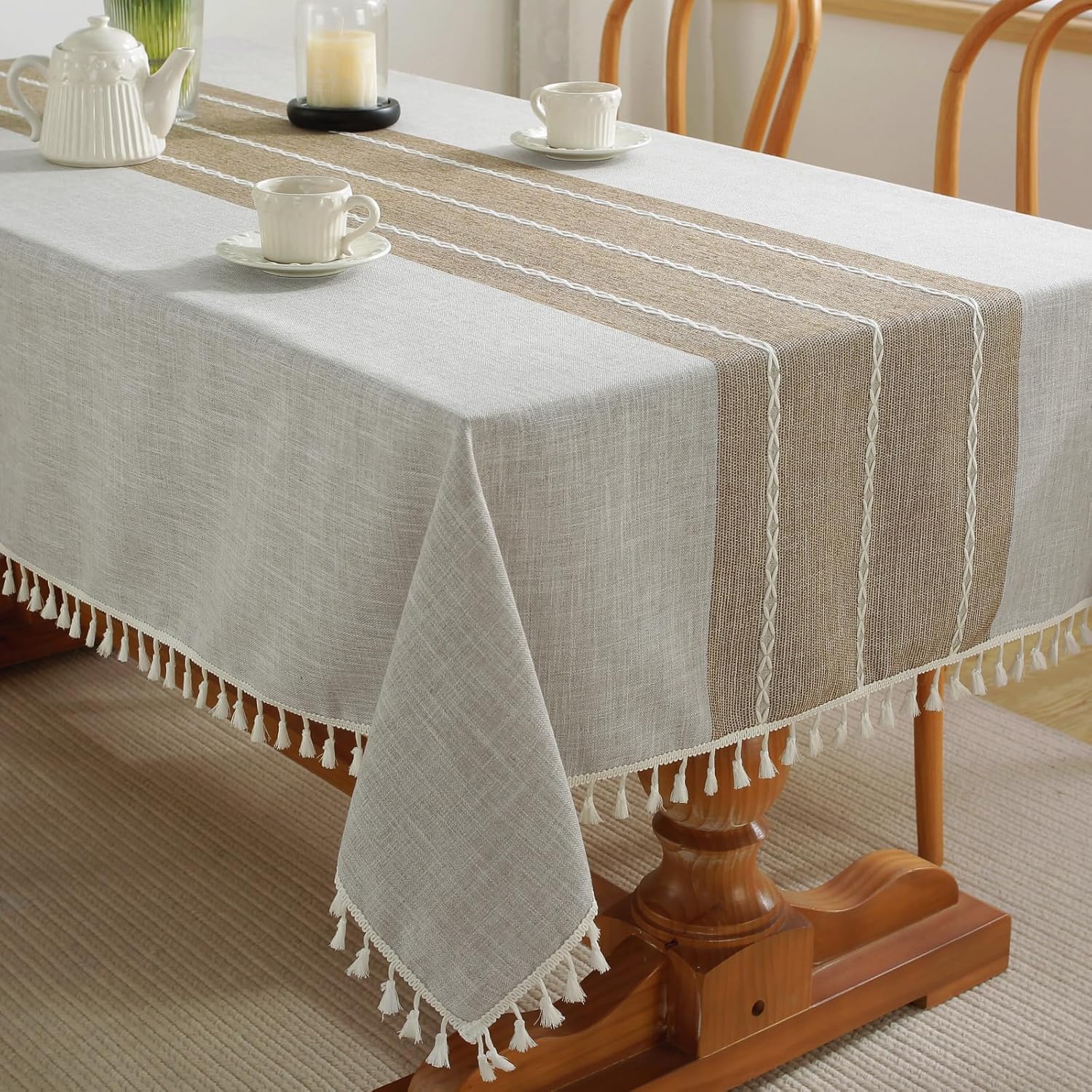Alsoo Table Cloth Rectangle Table Rustic Waterproof Tablecloth Cotton Linen Wrinkle Free Spring TableCloths for Parties, Kitchen Dining, Holiday, Outdoor (Coffee Lines, 8-10 Seats, 55"x106")