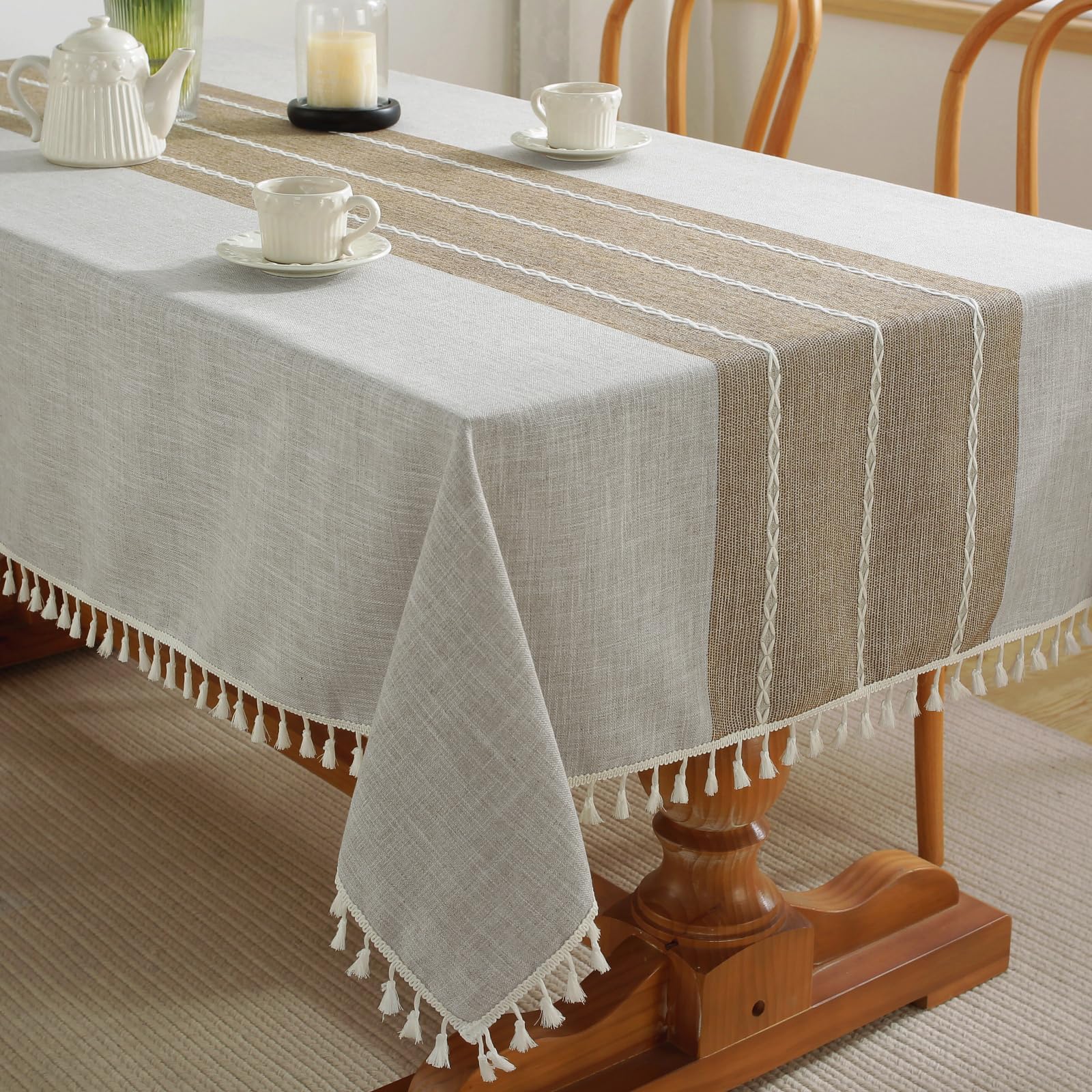 Outdoor Table Cloth Rectangle Table, Waterproof Tablecloth Cotton Linen Wrinkle Free Rustic Tables Cover for Picnic Camping Party Kitchen Dining (Coffee Lines, 4-6 Seats, 55x75 Inches)
