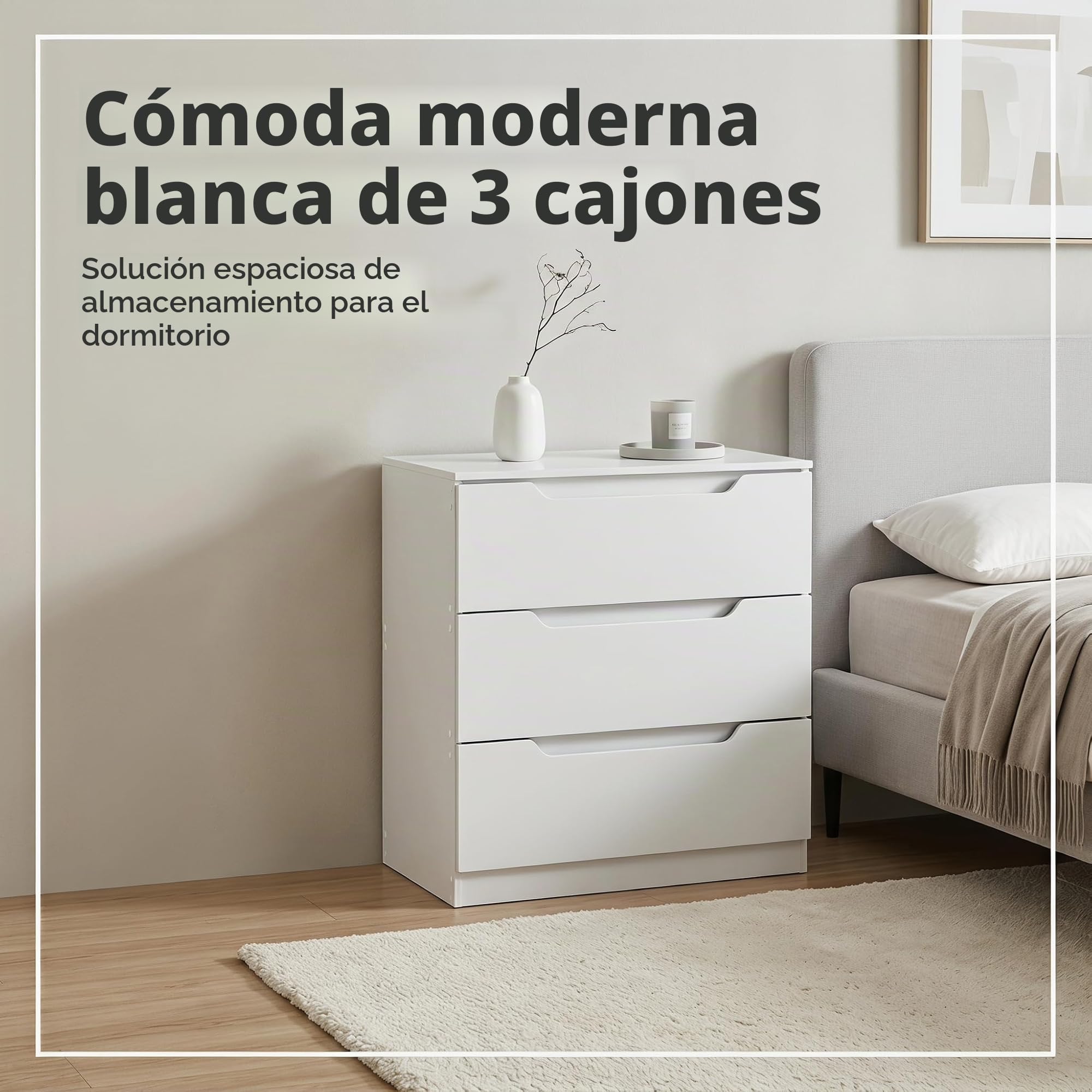 Cómodas de 3 cajones, MDF melamina Doble Cara Blanca 70x40x75 cm, Mueble Almacenamiento multifunción con Kit antivuelco para Dormitorio, Cocina, salón y recibidor, Blanco