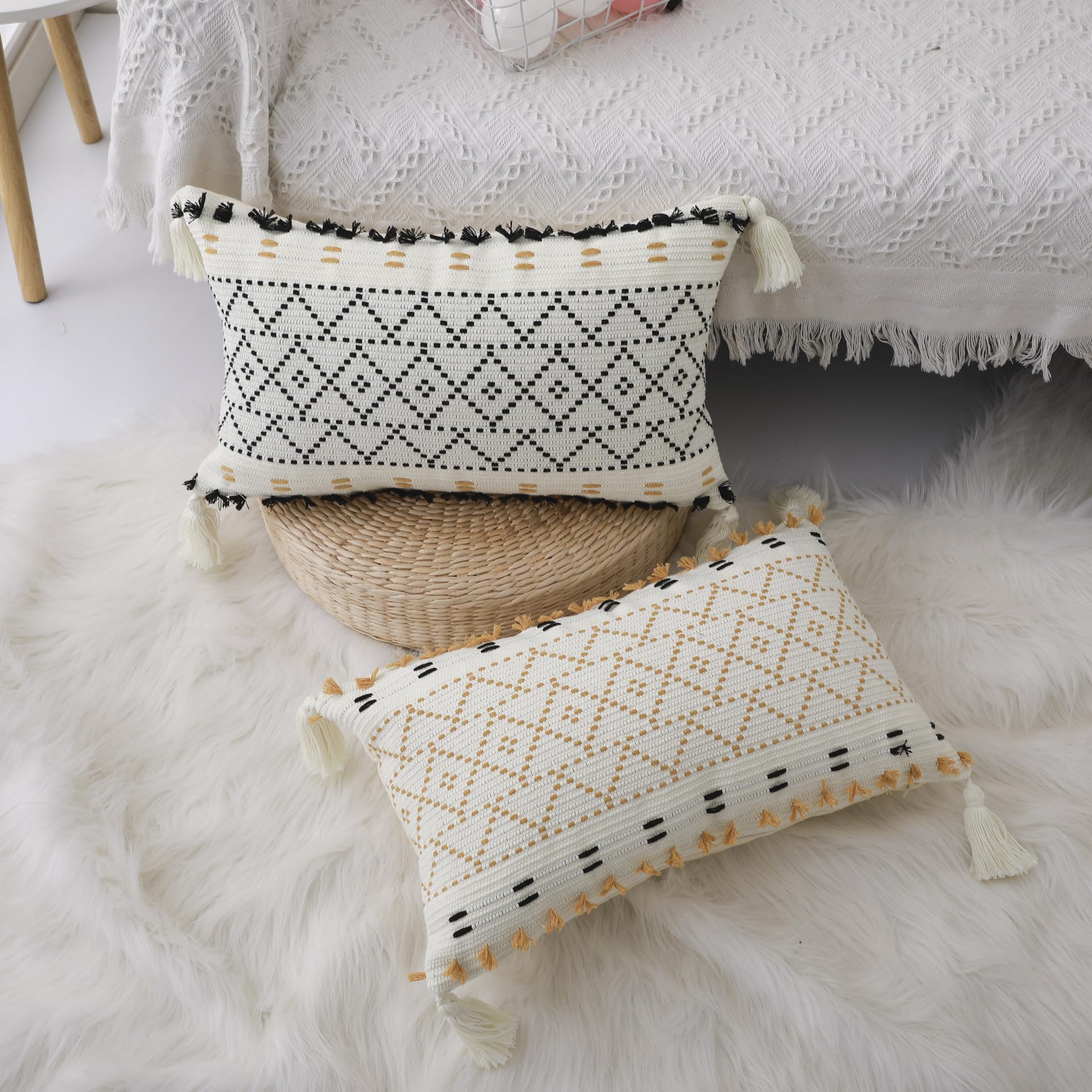 Copricuscini, federa decorativa quadrata 1/2 pezzi Federe for cuscini intrecciati Boho Copricuscini decorativi con nappe nere 45x45 /30x50 cm Copricuscino lombare da ufficio for divano da interno(Tass