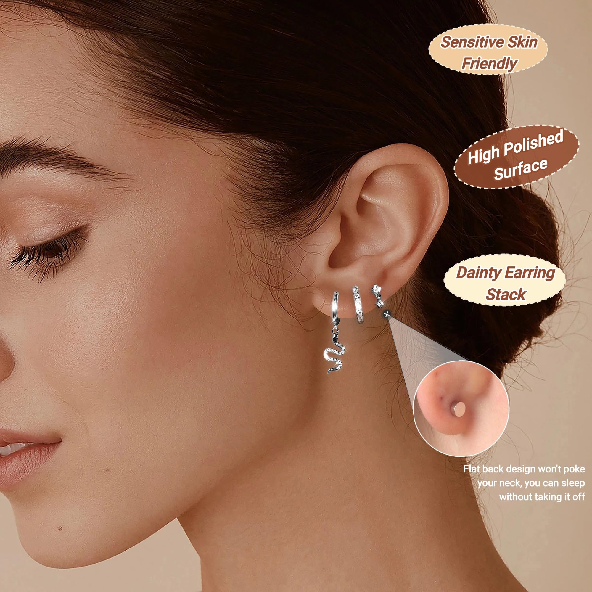 MACACHII Orecchini Donna Argento 925 Placcati Oro 14K - Orecchini a Lobo, Cerchio, Helix - Anallergici, Idee Regalo Gioielli per Piercing Multipli（Set 3 Paia）