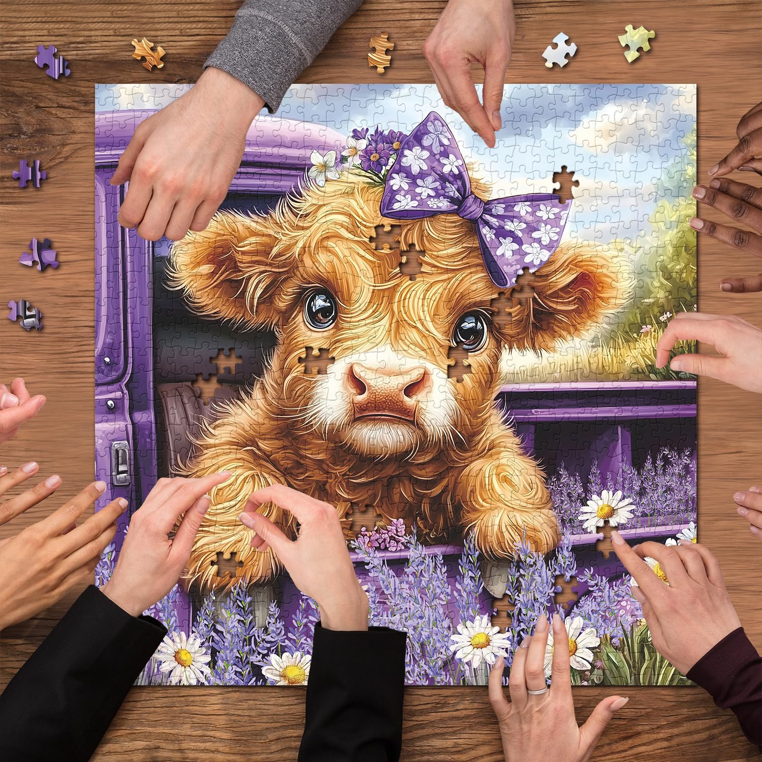 PPuzzling Highland Cow Puzzle for Adults 1000 Pieces, Cute Farm Cow Animal Puzzle Featuring Lavender Flower, Daisy Field & Purple Vintage Truck Scene Jigsaw Puzzle, Nature Floral Scenery Puzzle - Image 5