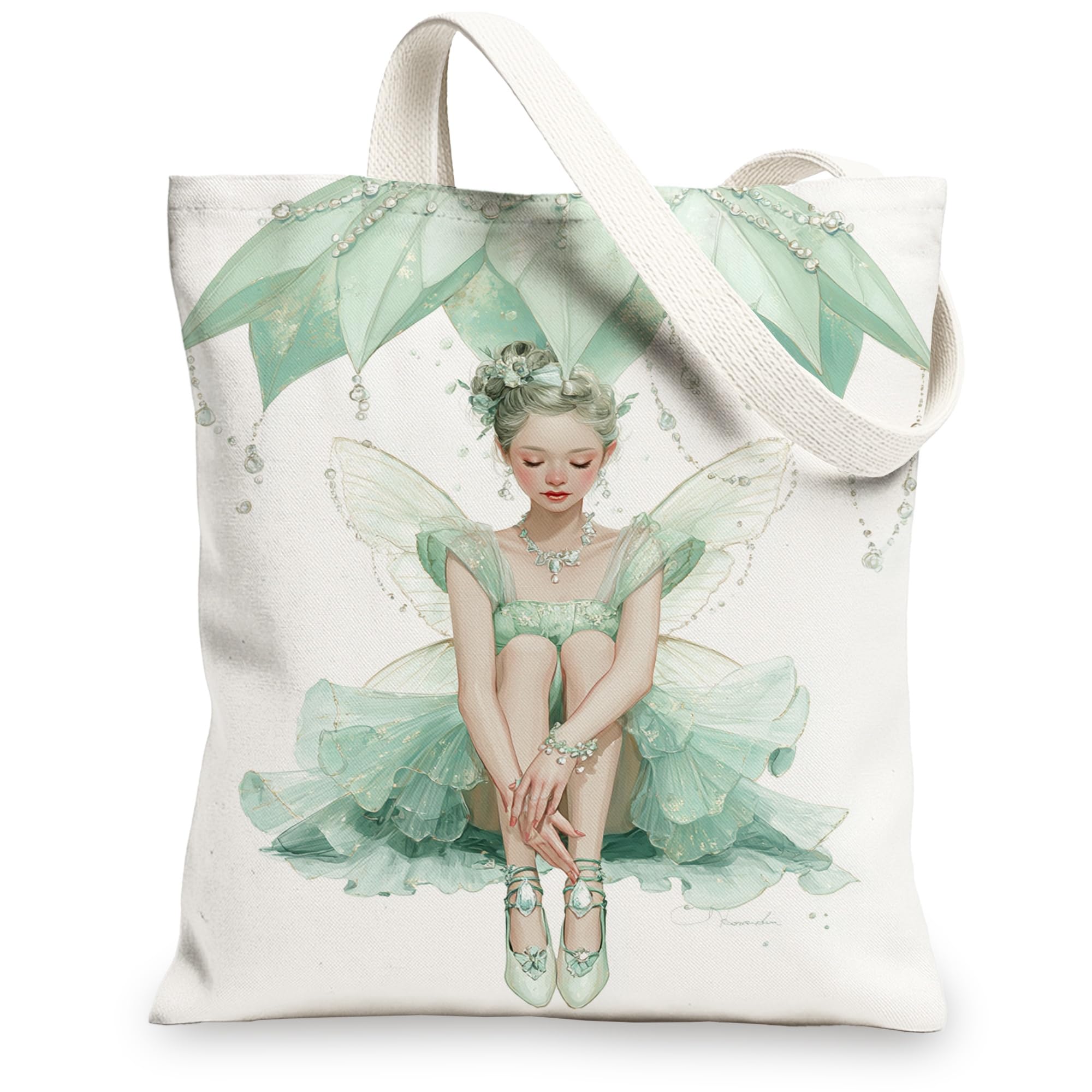 Fanciful Fairy Canvas Tote Bags, Elegant Mint Green Art Design Reusable Shopping Bags, Lightweight Washable Shoulder Strap, Mint, 13x15 Inch
