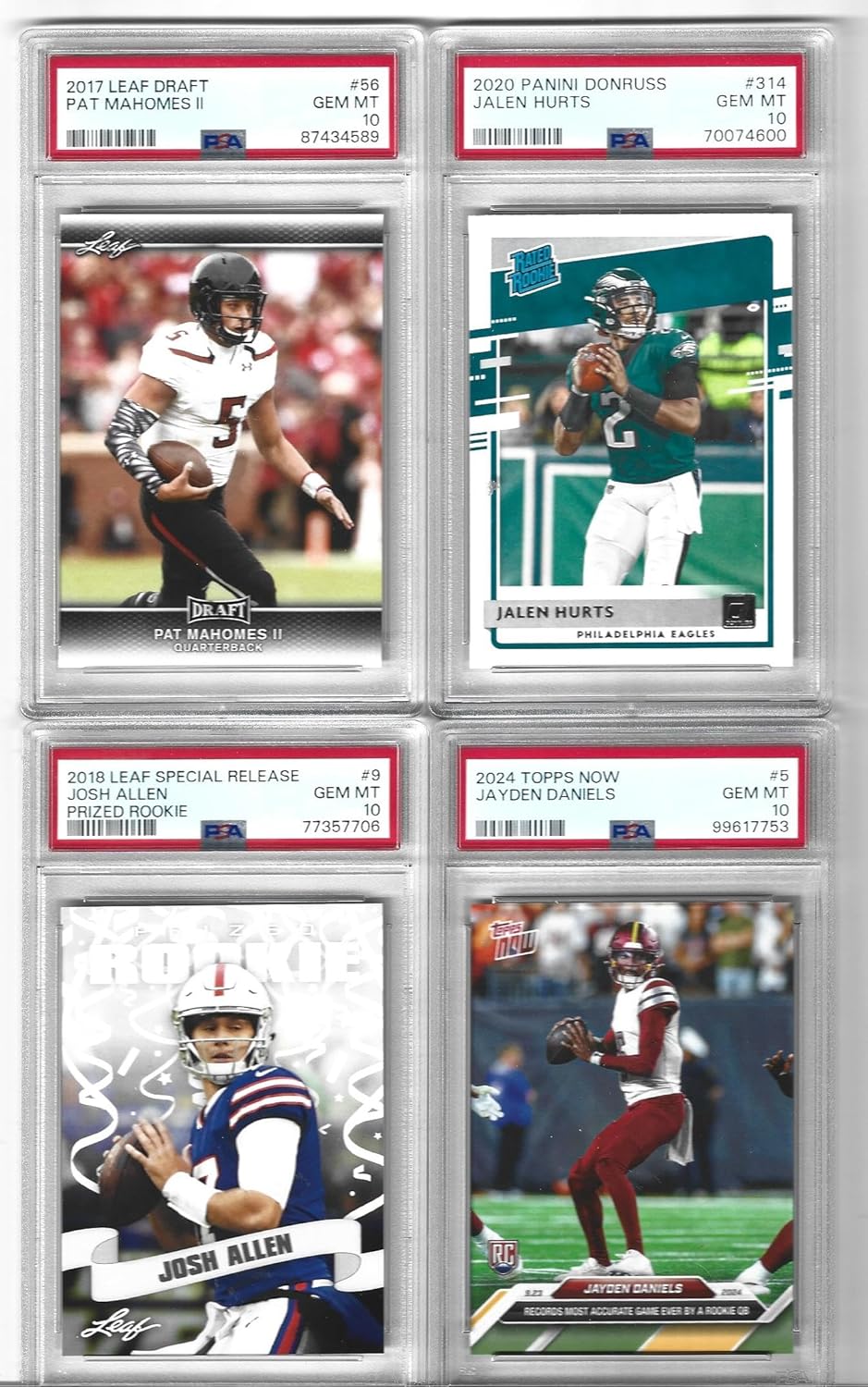 Graded Psa 10 Patrick "Pat" Mahomes Jalen Hurts Josh Allen And Jayden Daniels 4 Card Football Rookie Lot Great Quarterbacks! You Will Receive All 4 Cards