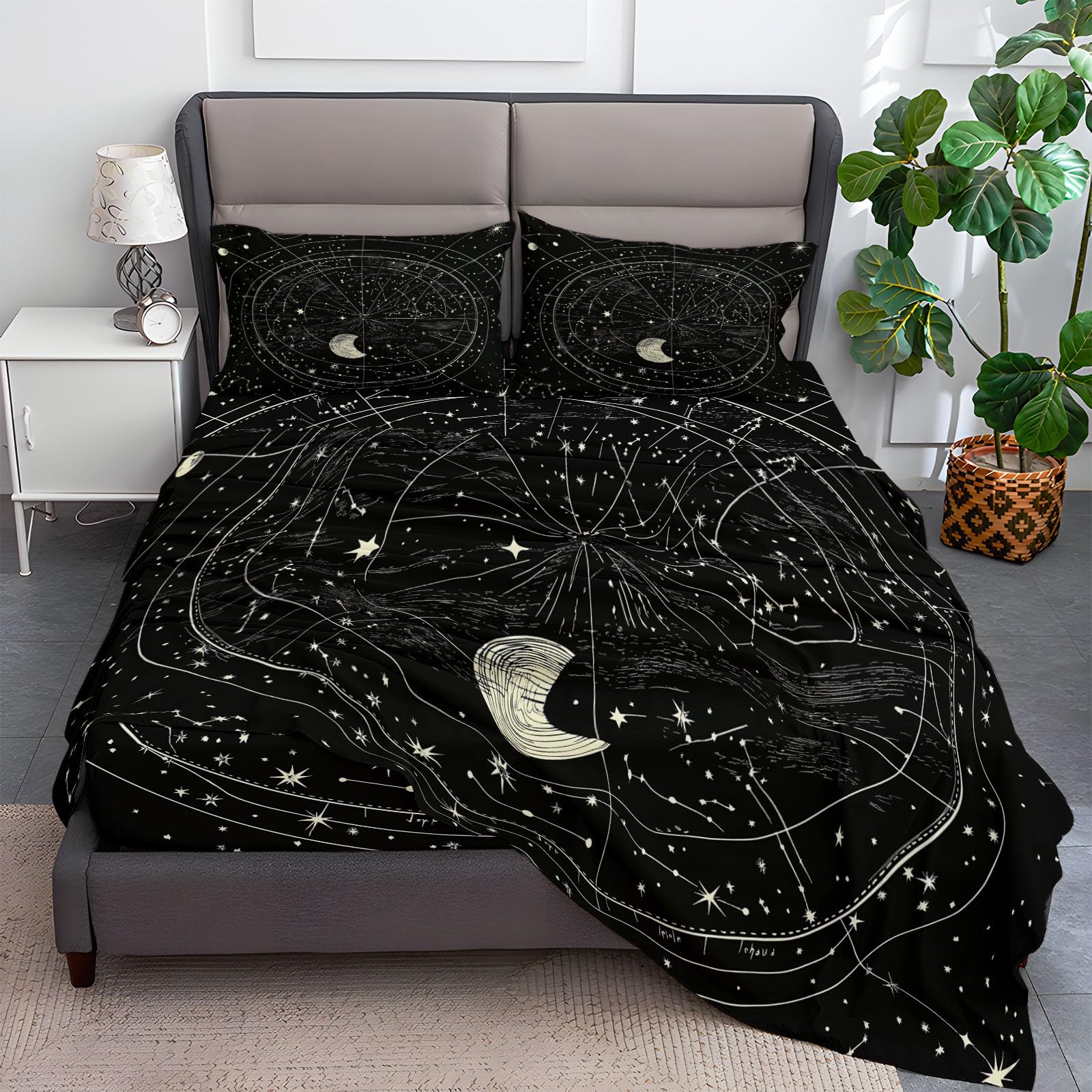 Fitted Sheet Twin Size Bedding Set for Kids Girls Women Men Room Decor, Soft Microfiber & Deep Pocket & Wrinkle Free Simple Stars Constellations Bedding Sheets, Black