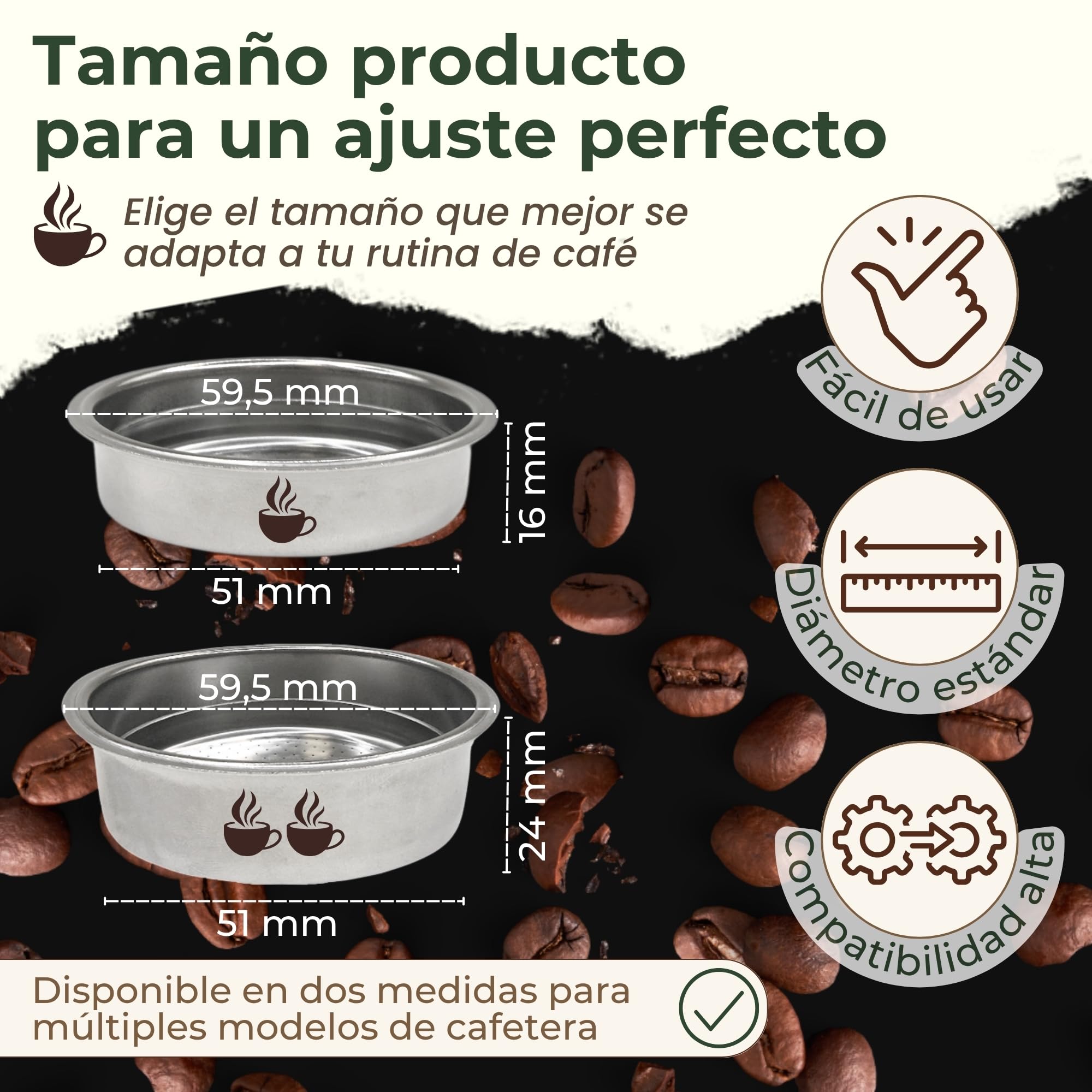 RM Pro Lot De 2 Filtres à Pression En Acier Inoxydable Avec 1 Et 2 Tasses (51 Mm) Compatibles Avec Les Machines à Café Cecotec Ufesa Delonghi Breville Et Plus (2 Filtres