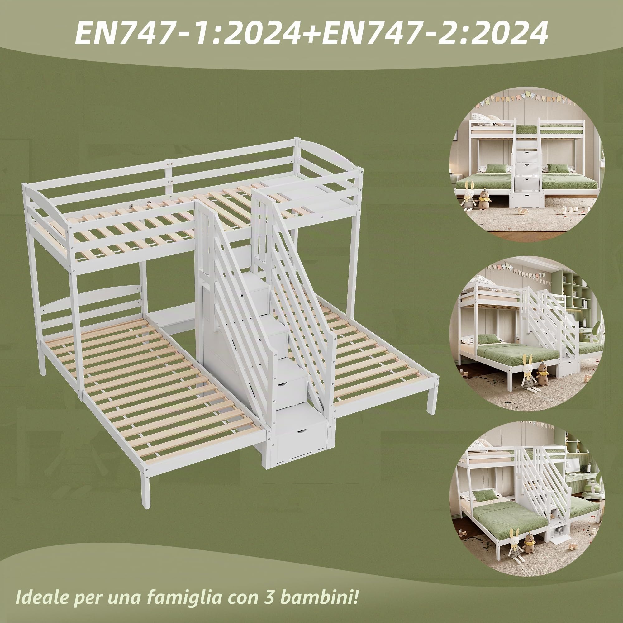 Letto a castello, 90 x 200 cm, con 3 letti, scala sicura con spazio nascosto, letto con protezione anti-caduta e rete a doghe, ideale per una casa con 3 bambini, senza materasso, bianco