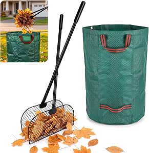 Leaf Scoop Rake with Leaf Bag Set Ergonomic Long Handle Metal Leaf Collector