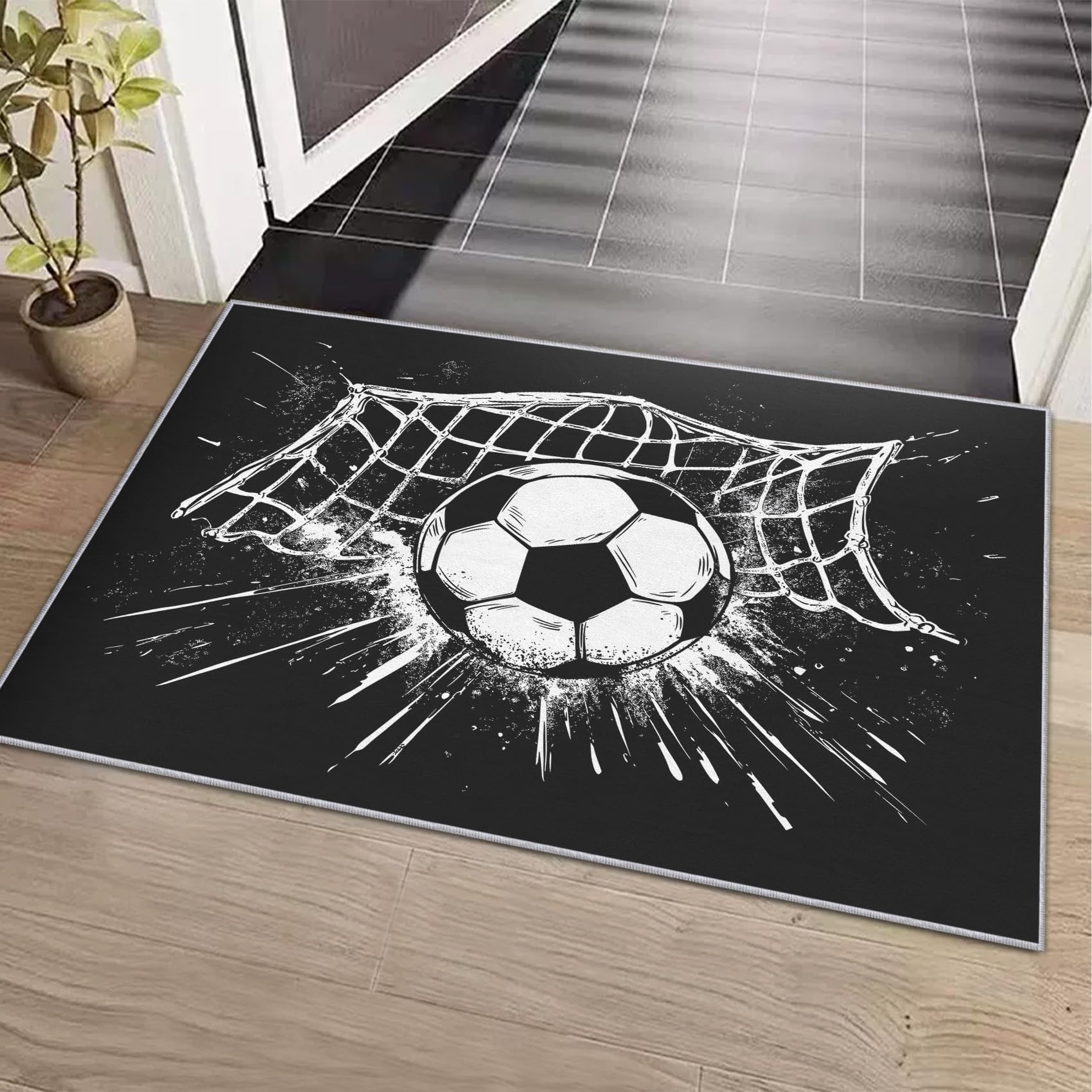 Générique Tapis Salon Foot, Tapis Chambre Noir Blanc Football, Doux Flanelle Poil Court 60x110 cm - Lavable Antidérapant Paillasson H-21