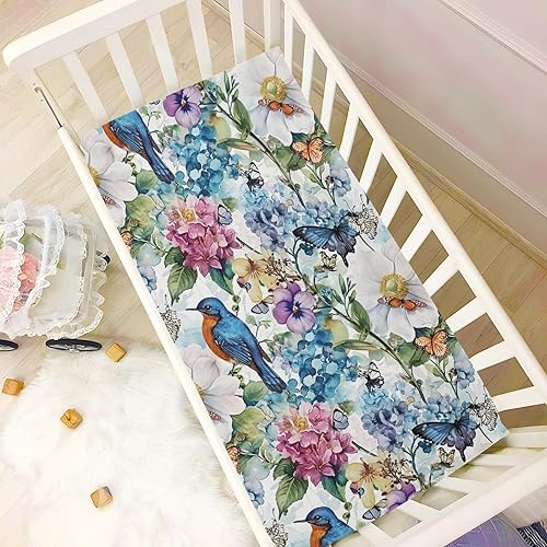 Miniatura 6 de Kigai Sábana bajera ajustable para cuna para niños y niñas, sábana de punto vintage con diseño de flor de pájaro para colchones estándar de cuna y