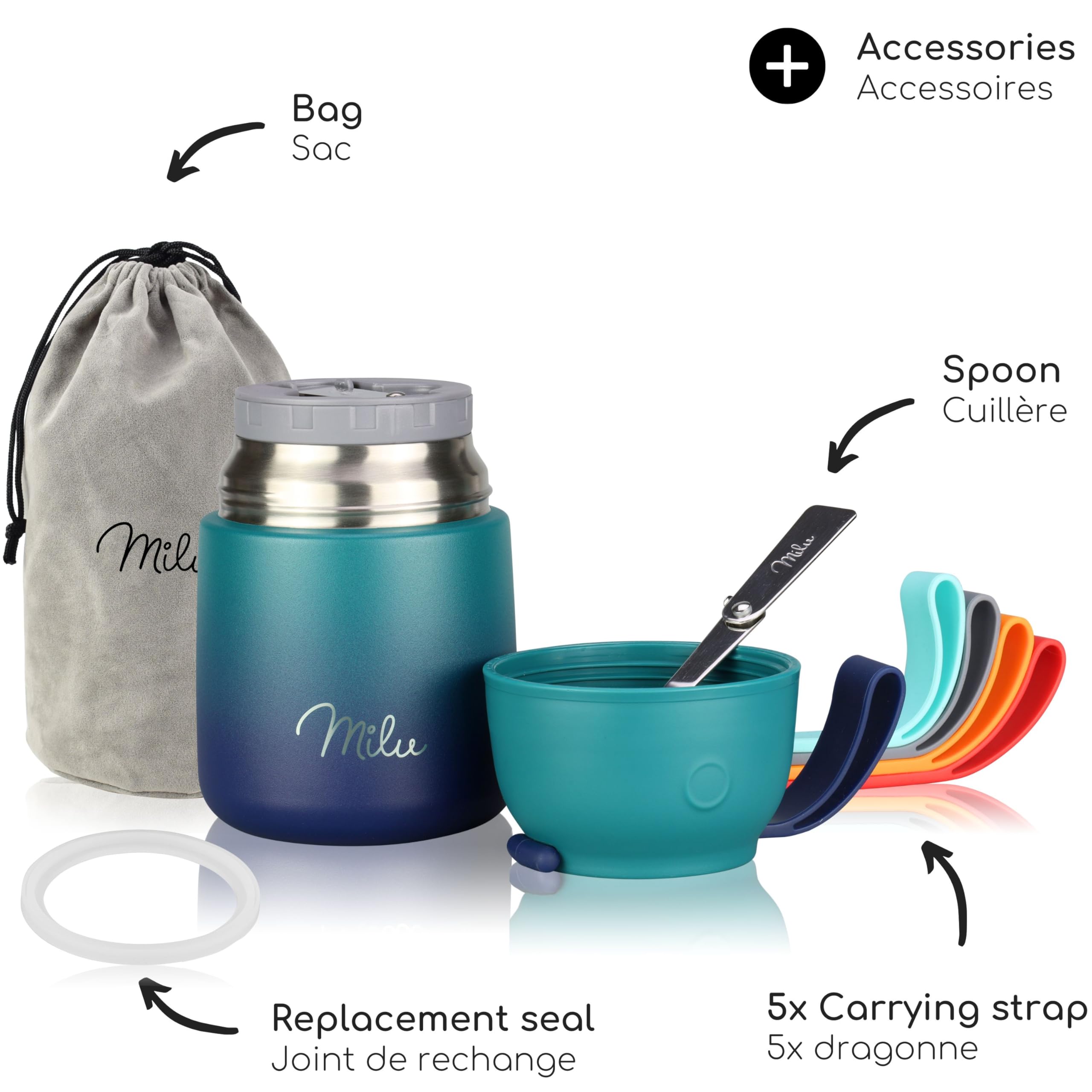 Milu Boîtes Alimentaires Isothermes 650 ml Boîte Isotherme Repas Chaud Porte-Aliments en Acier Inoxydable à Double Couche, Cuillère Pliante pour Ecole, Bureau (650ml/Vert Bleu)