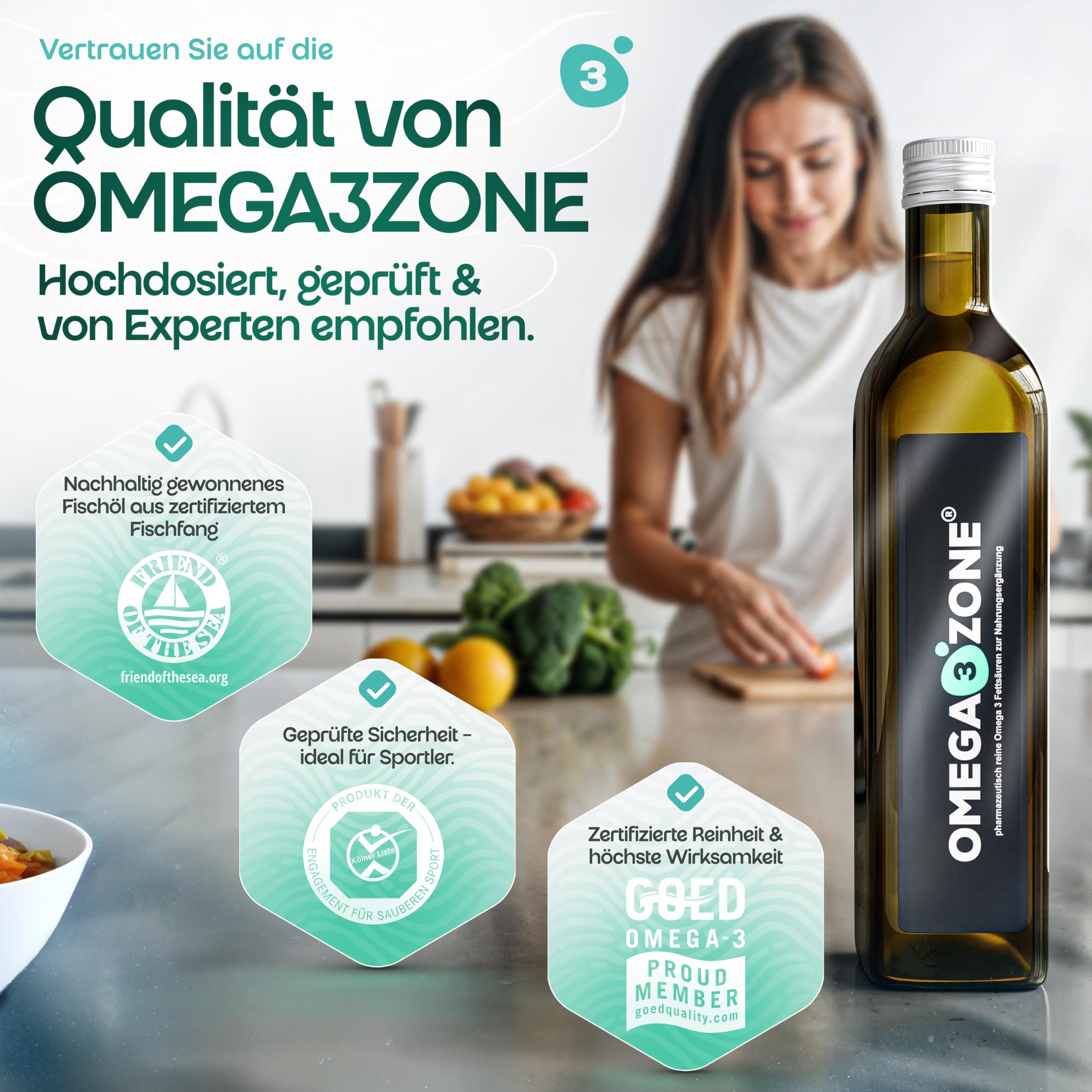 omega3zone Hochdosiertes Omega 3 Fischöl flüssig - 5400 mg pro Portion - Premium Fish Oil - Laborgeprüfte und essentielle Fettsäuren aus Deutschland – 500 ml Zitrone