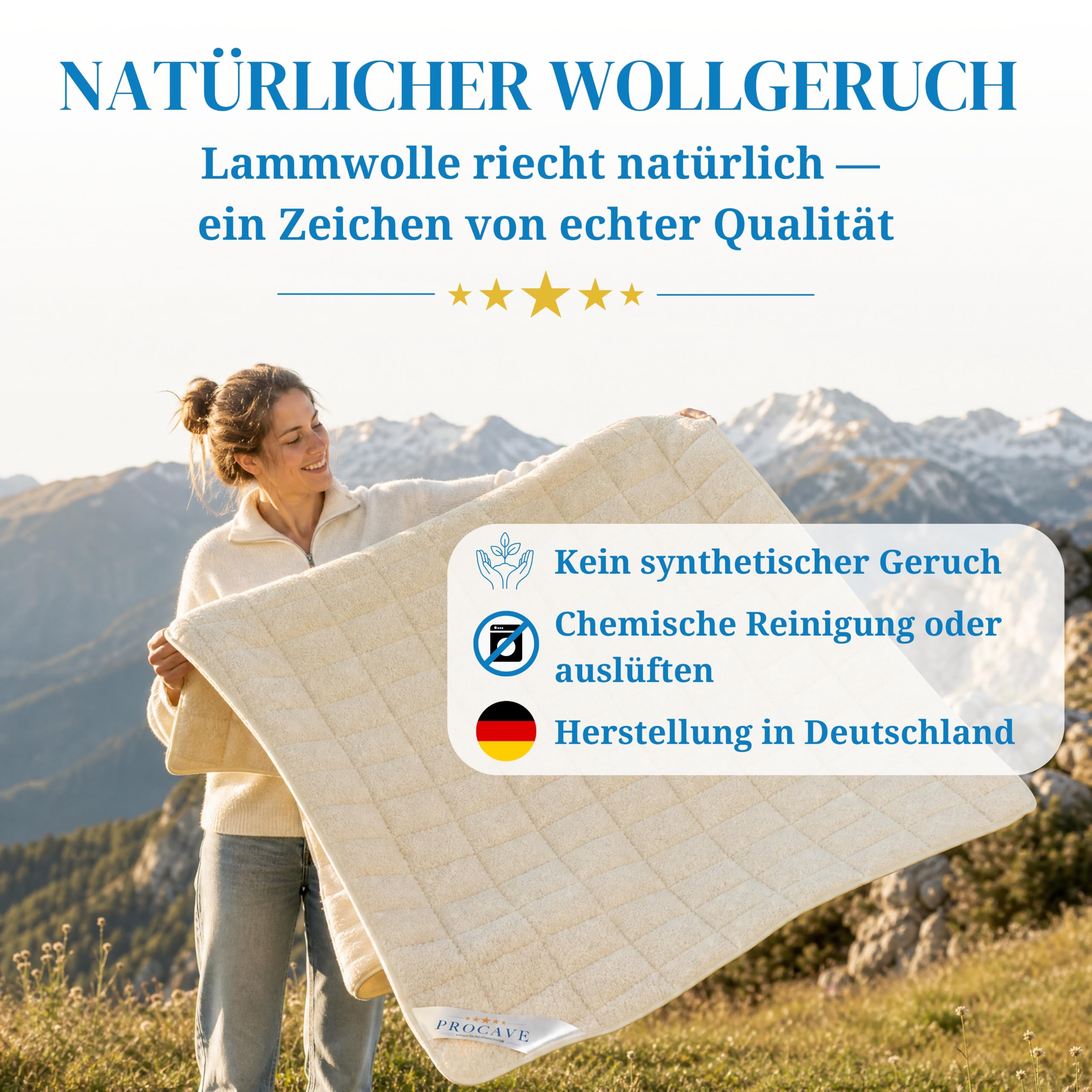 PROCAVE weiches Unterbett mit Lammflor und Schurwolle. hochwertige Matratzen-Topper. Matratzen-Schoner mit 4 Eckgummis. Matratzen-Auflage 90x200 cm